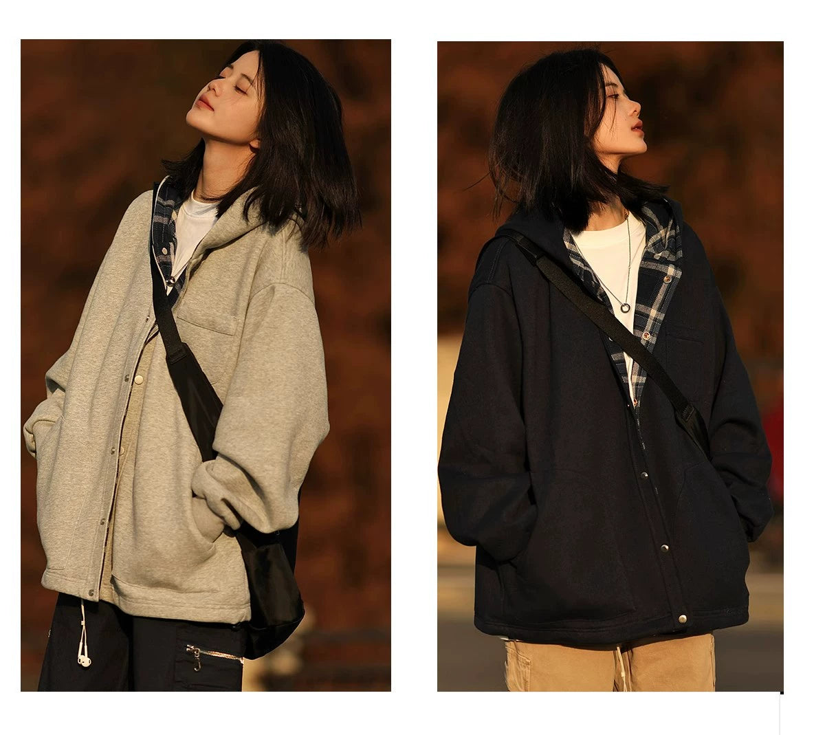 Button-Up Hoodie with Plaid Lining