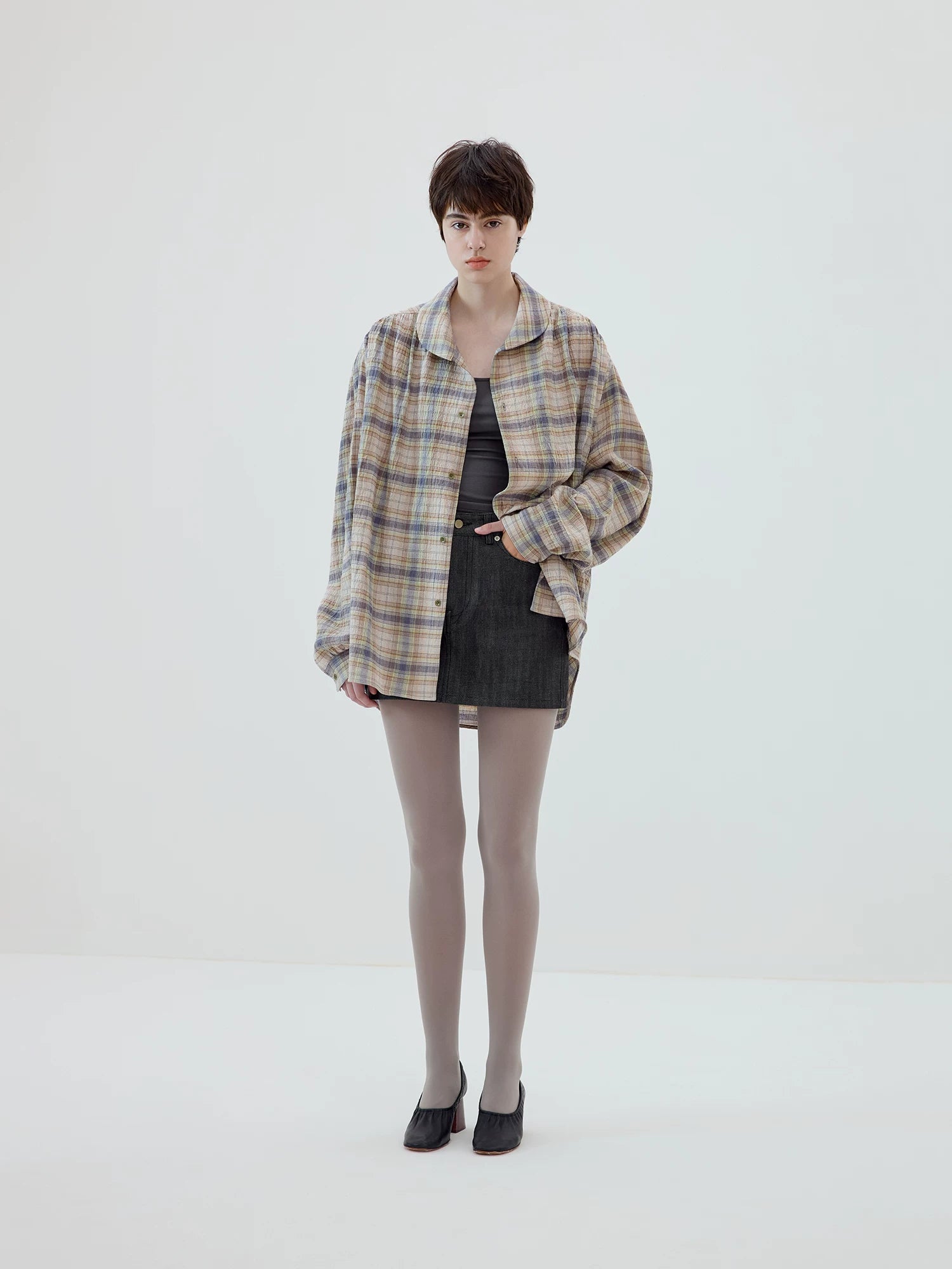 Oversized Pastel Plaid Button-Up Shirt