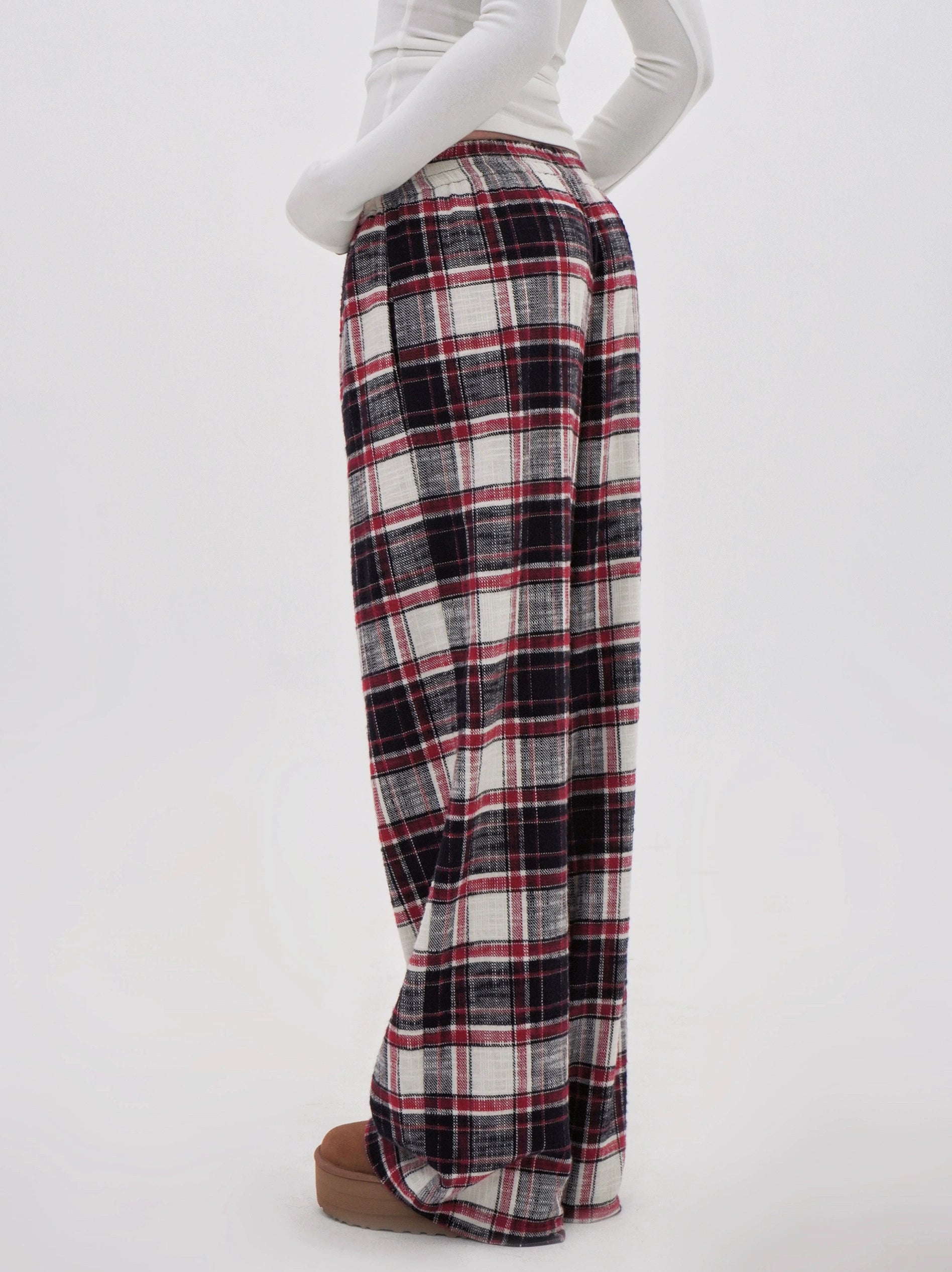 Red Plaid Wide-Leg Floor-Length Pants