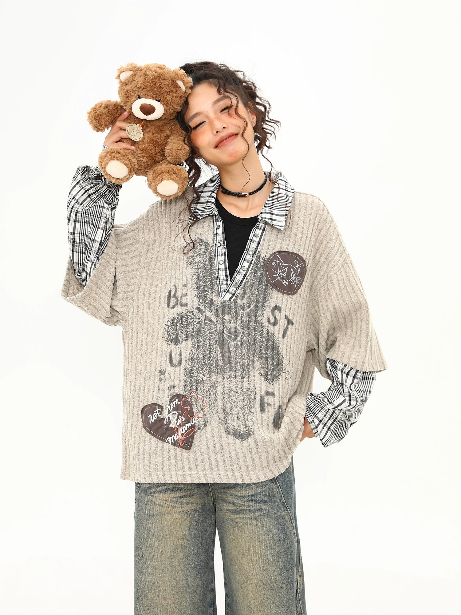Teddy Graffiti Layered Knit Top