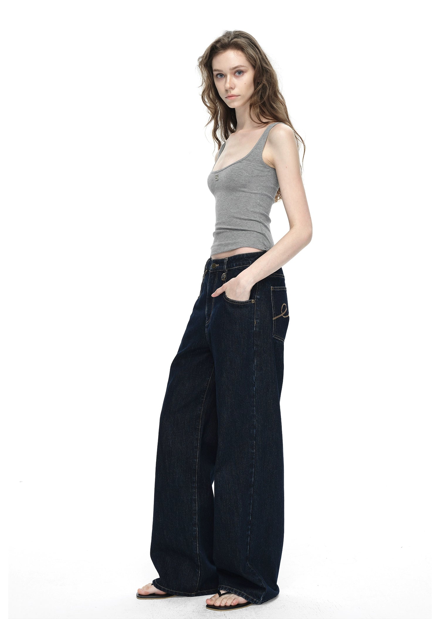 Dark Blue Raw Denim Wide-Leg Jeans