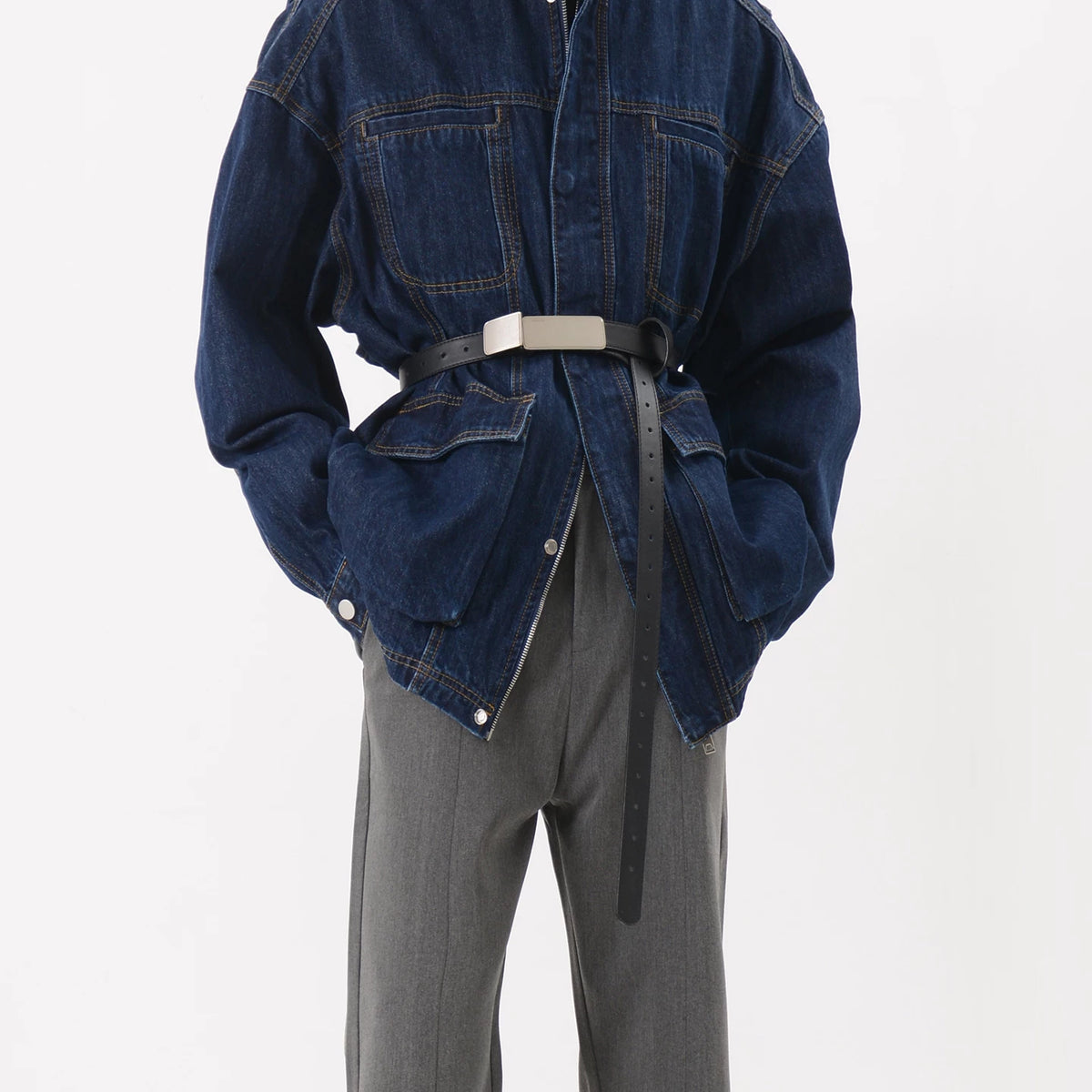 Blue Oversized Belted Denim Utility Jacket