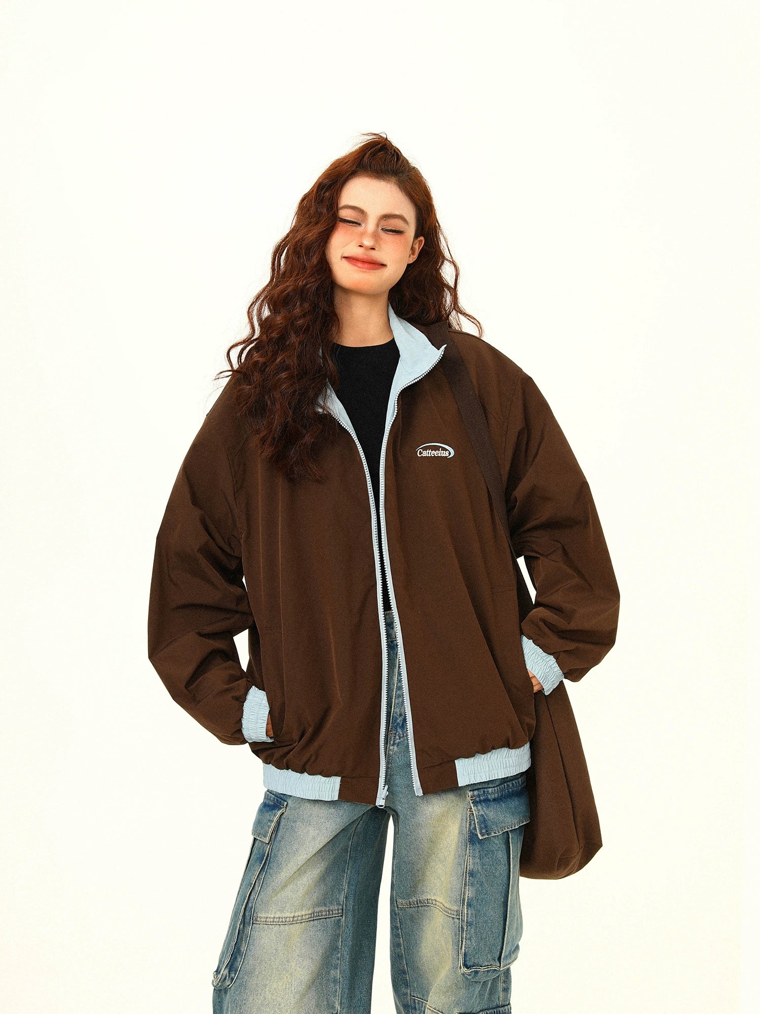 Contrast Collar Brown Bomber Jacket