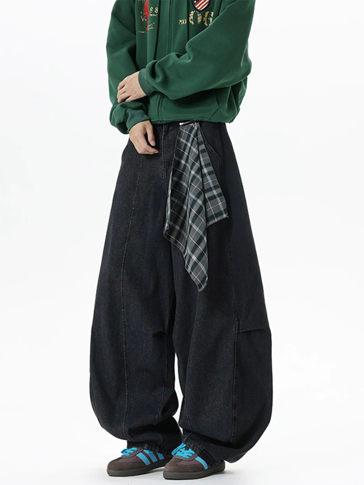 Plaid-Tie Barrel Denim Pants