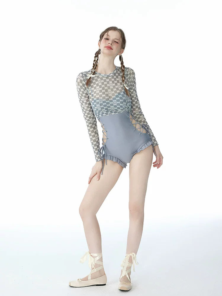 Cloud Check Lace‑Up Ballet Swimsuit