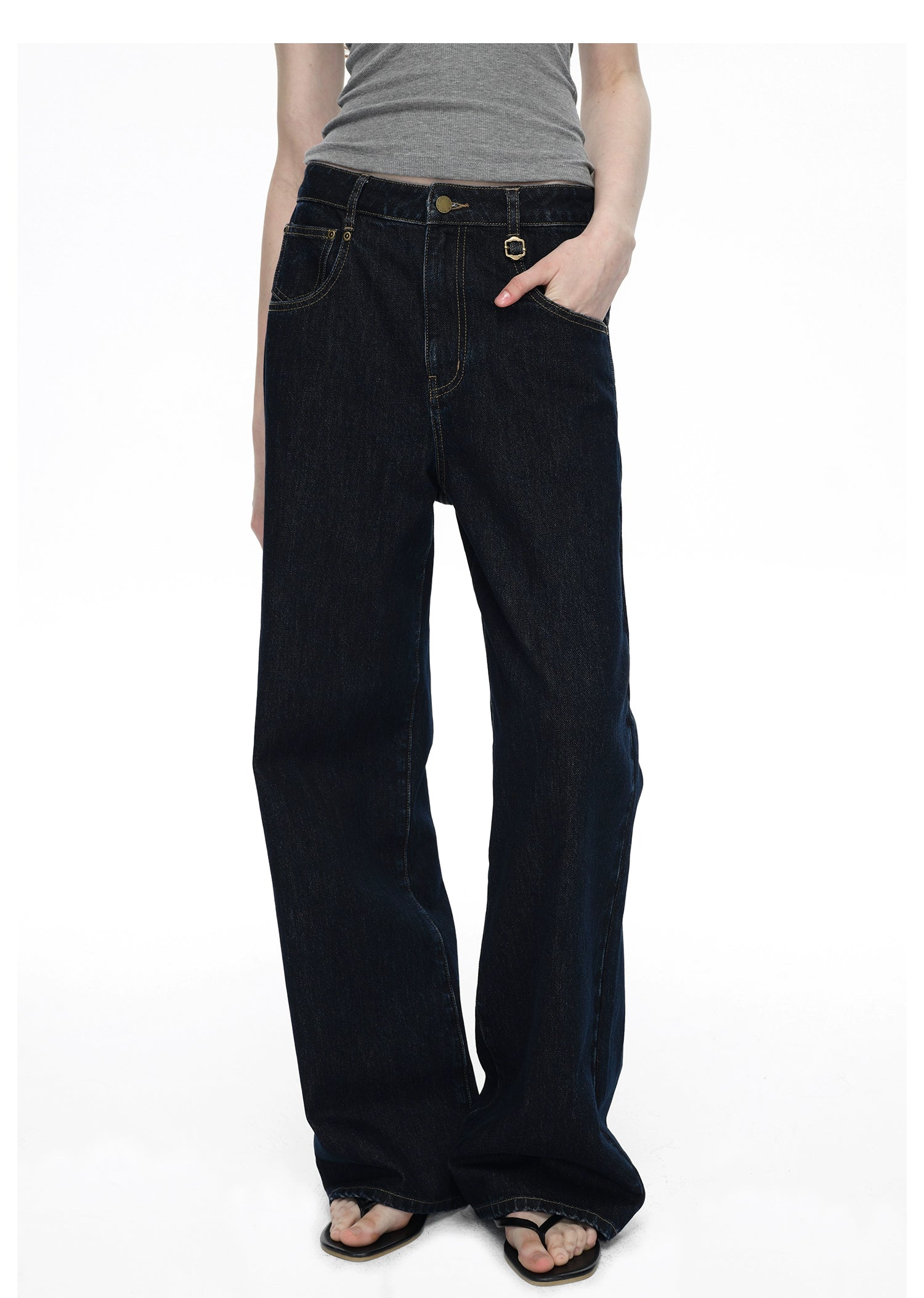 Dark Blue Raw Denim Wide-Leg Jeans