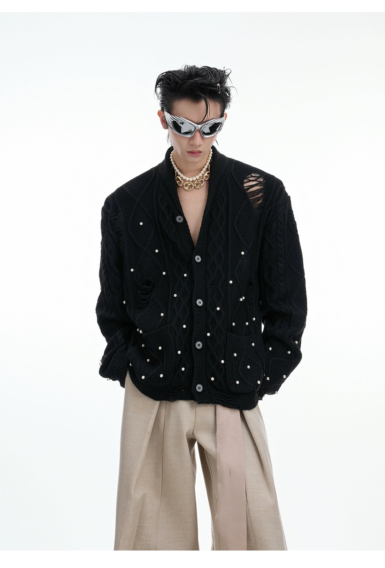 Distressed Pearl Embellished Knit Cardigan