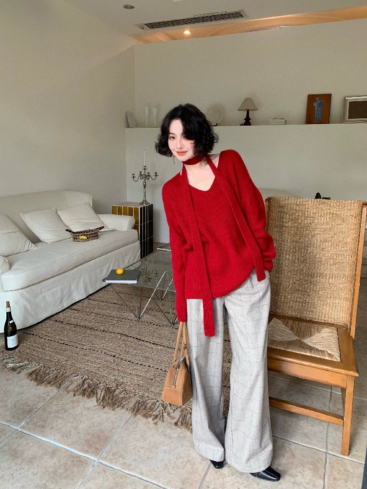 Ribbed Knit Sweater with Skinny Scarf