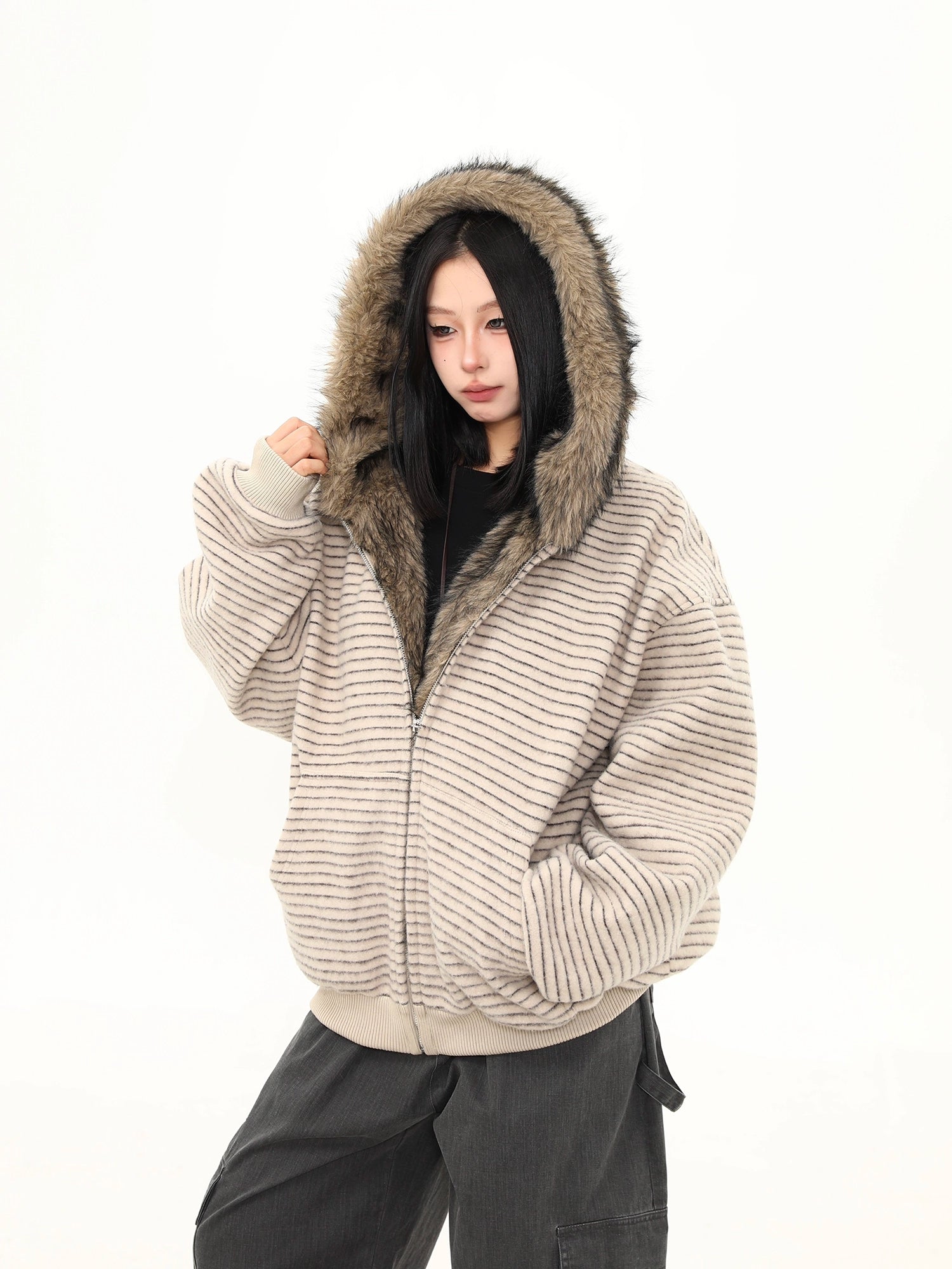 Frost Ridge Striped Faux Fur Hoodie Jacket