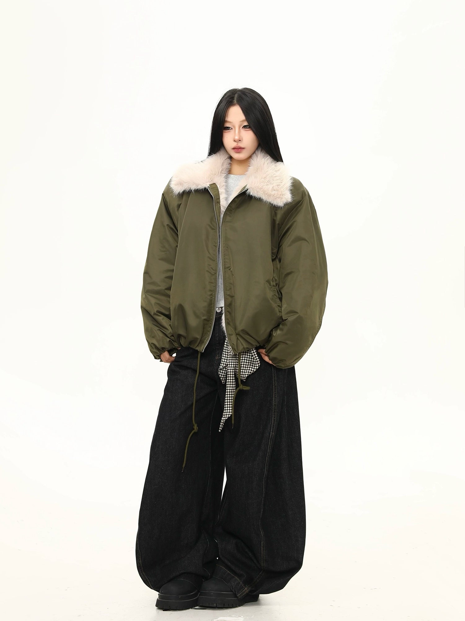 Olive Frost Faux Fur Collar Bomber Jacket