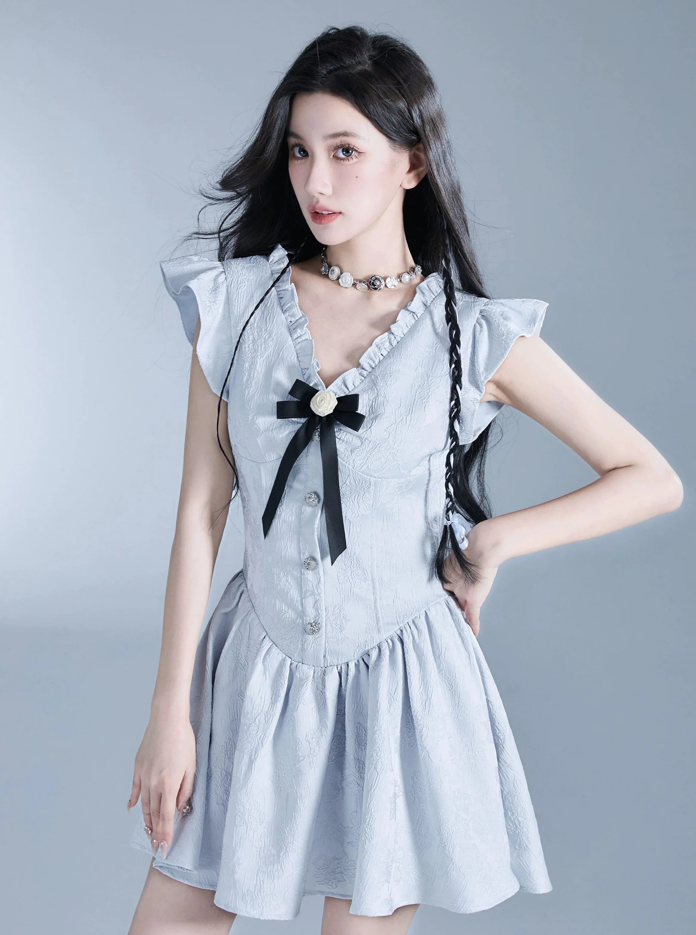 Sweet Lolita Flutter Sleeve Mini Dress with Bow Detail