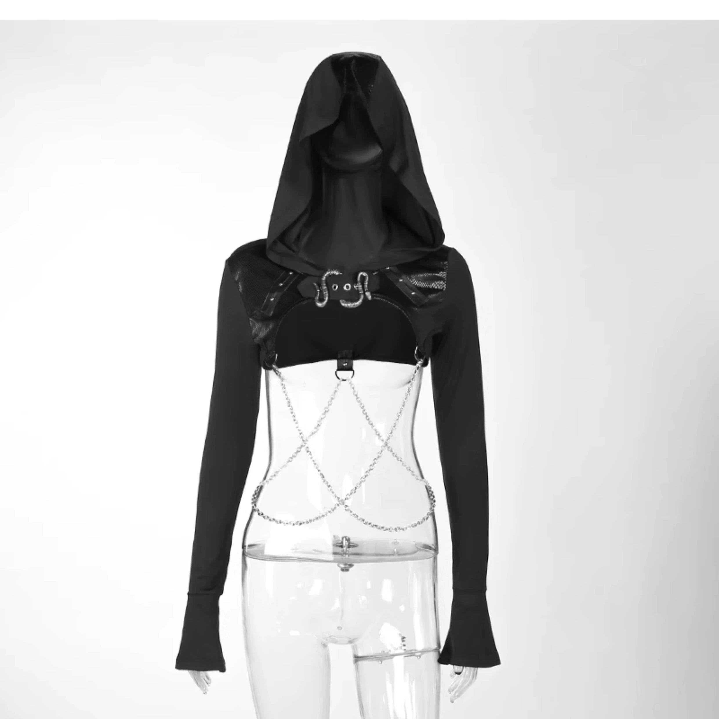 Wannathis Gothic Hooded Crop Top - Black Long Sleeve Chain Harness Shrug