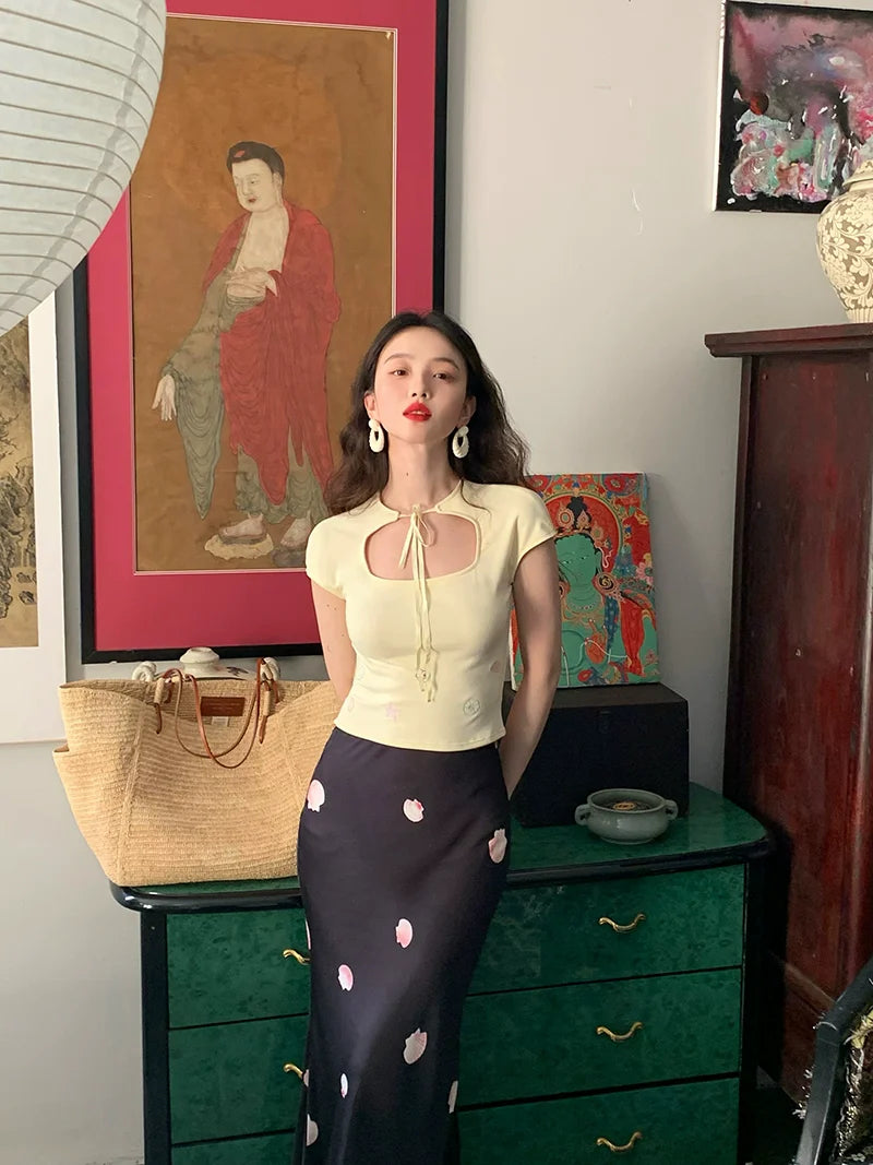 Light Yellow Keyhole Tie-Front Top
