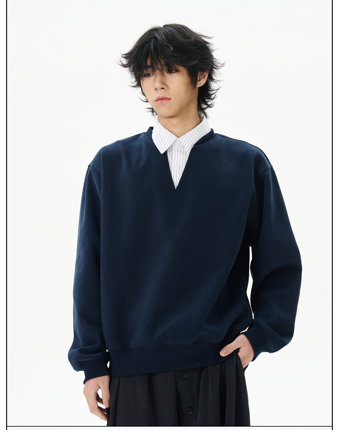Navy Notch-Neck Sweatshirt