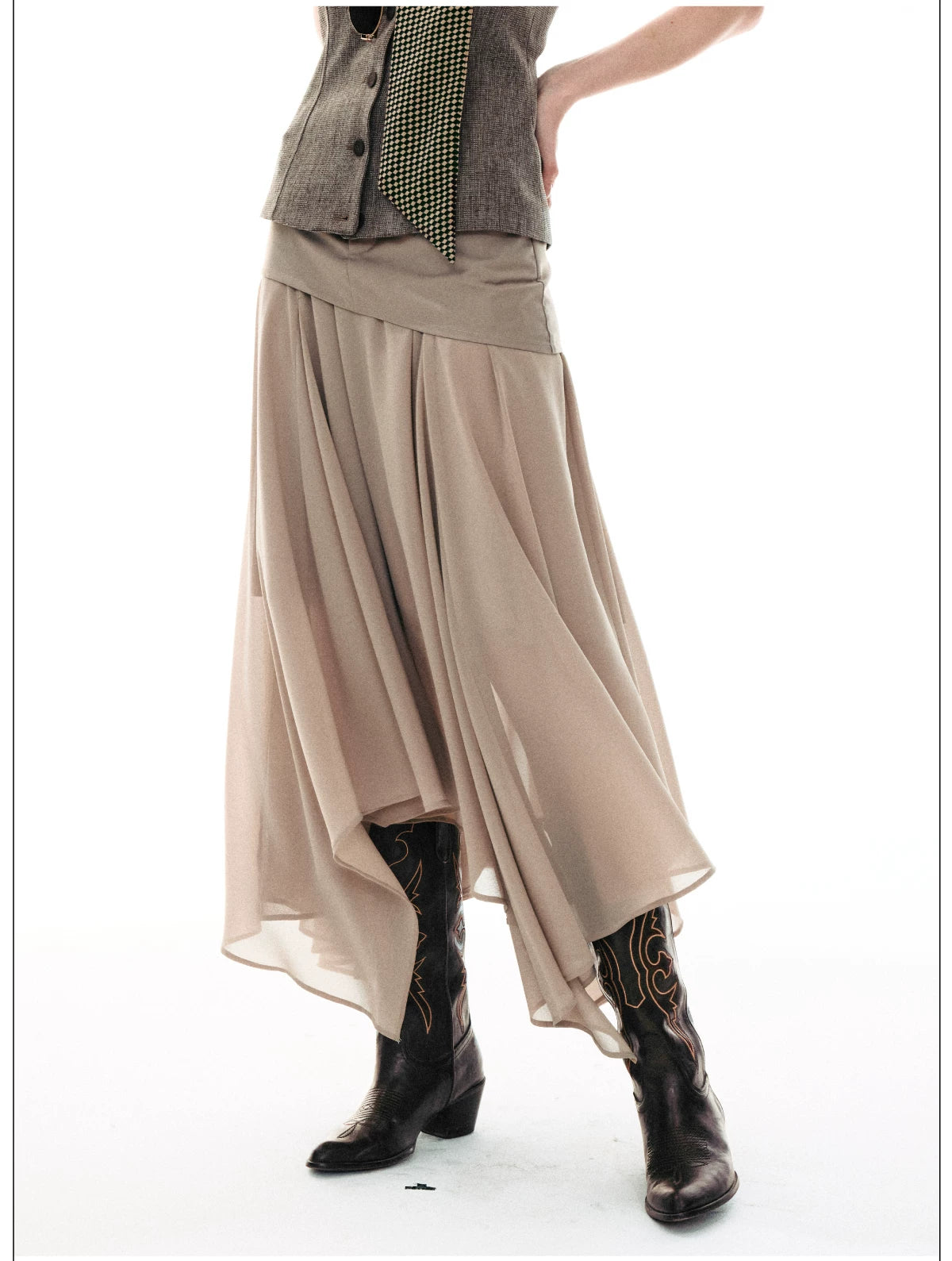 Desert Veil Asymmetric Pleated Midi Skirt