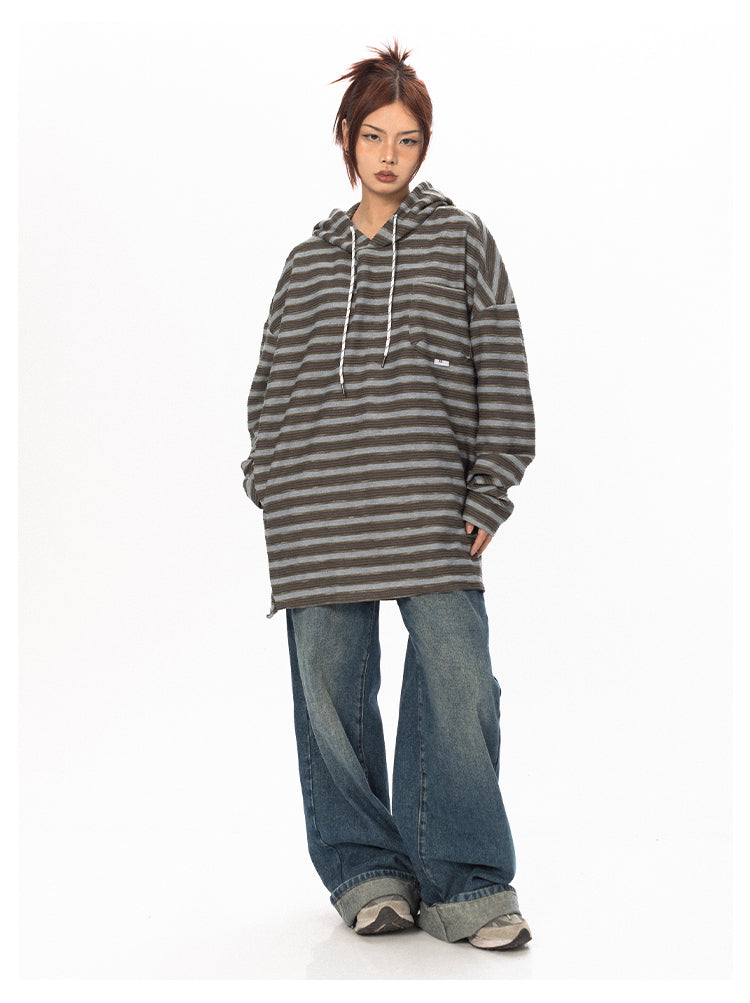 Striped Contrast Color Hooded T-Shirt - chiclara