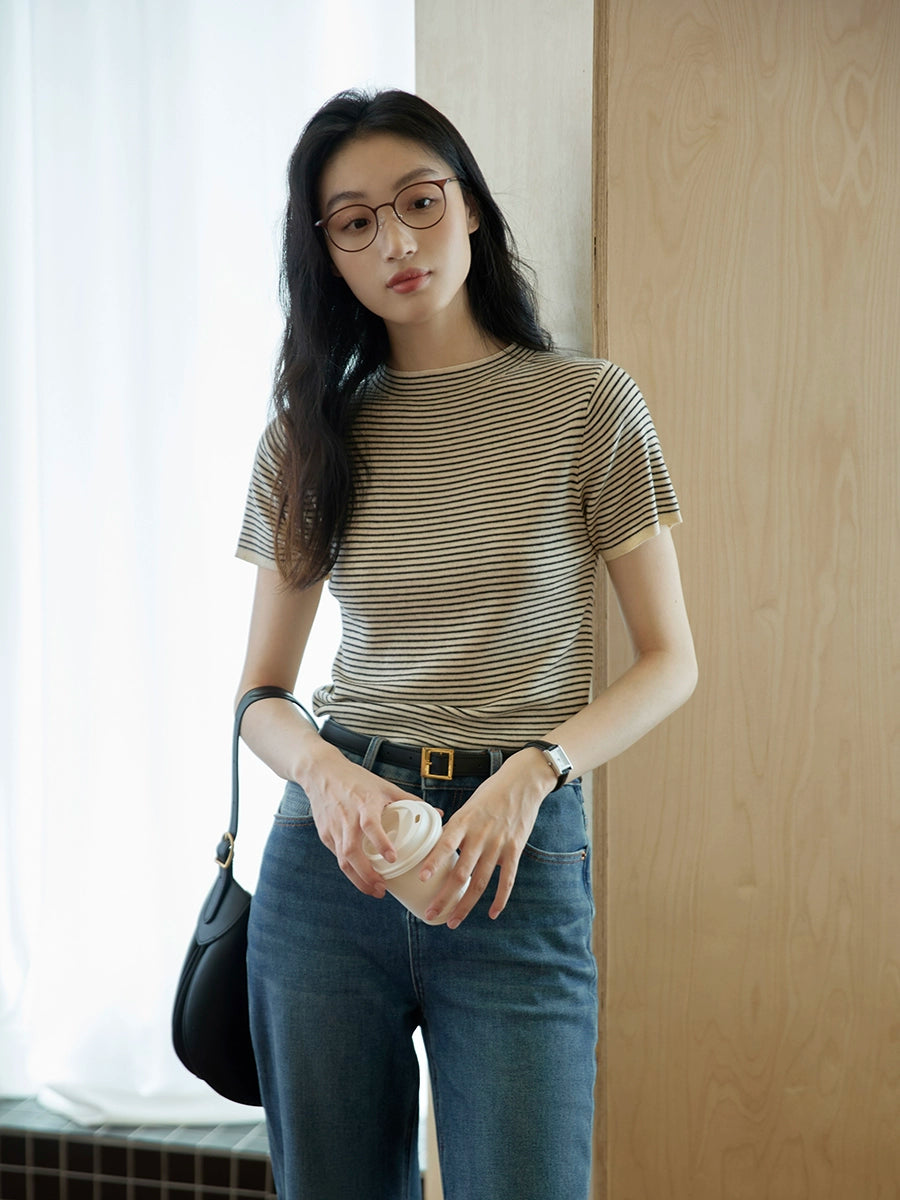 Mid-neck Knitted Short-sleeve T-shirt