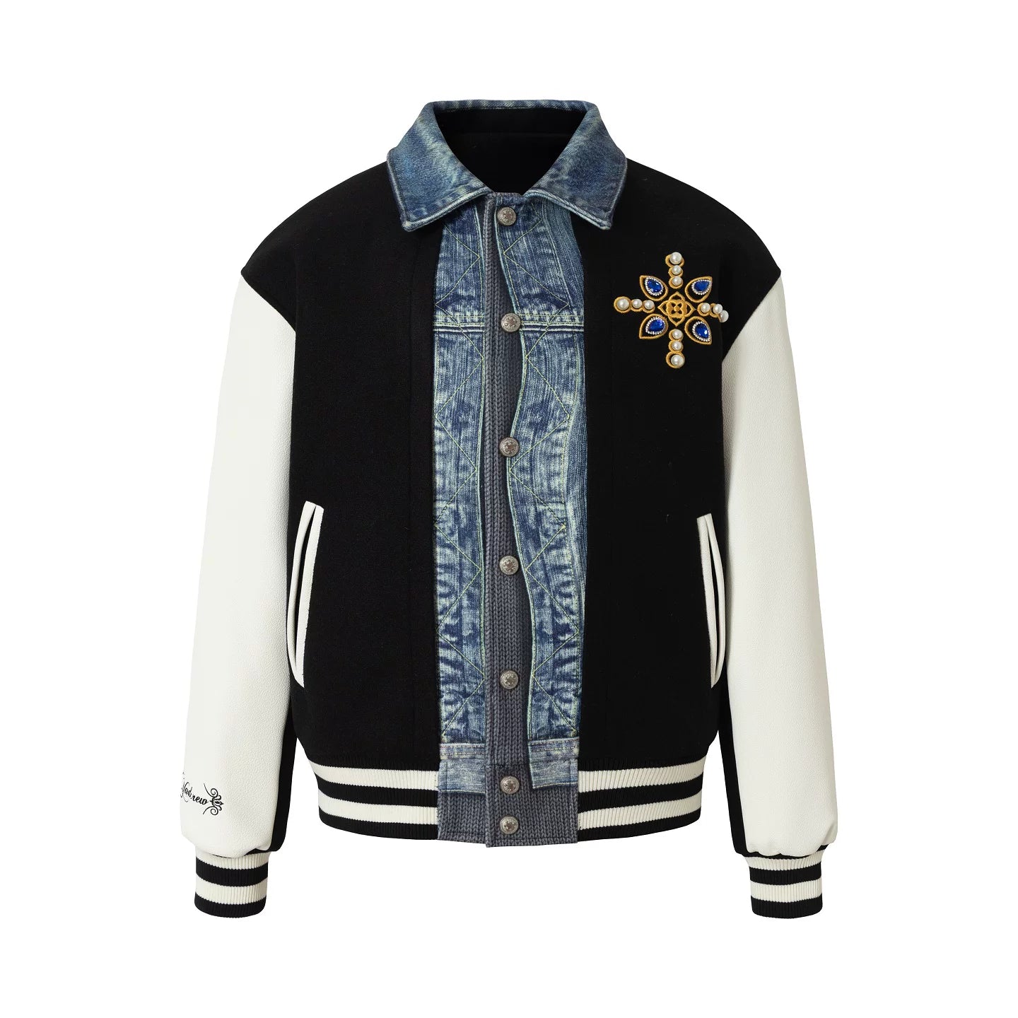 Denim Panel Embroidered Varsity Bomber Jacket