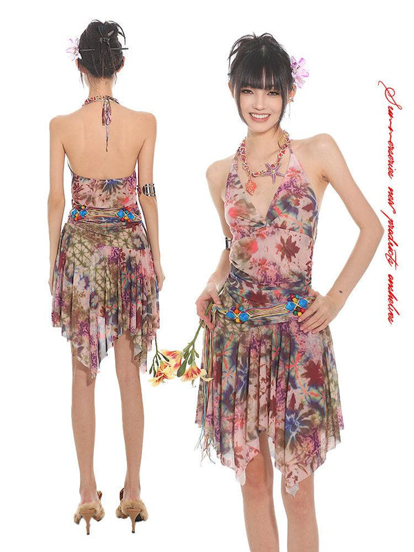 Halter Mesh Turtleneck Dress Casual Vacation Multi Color Dress main image 0