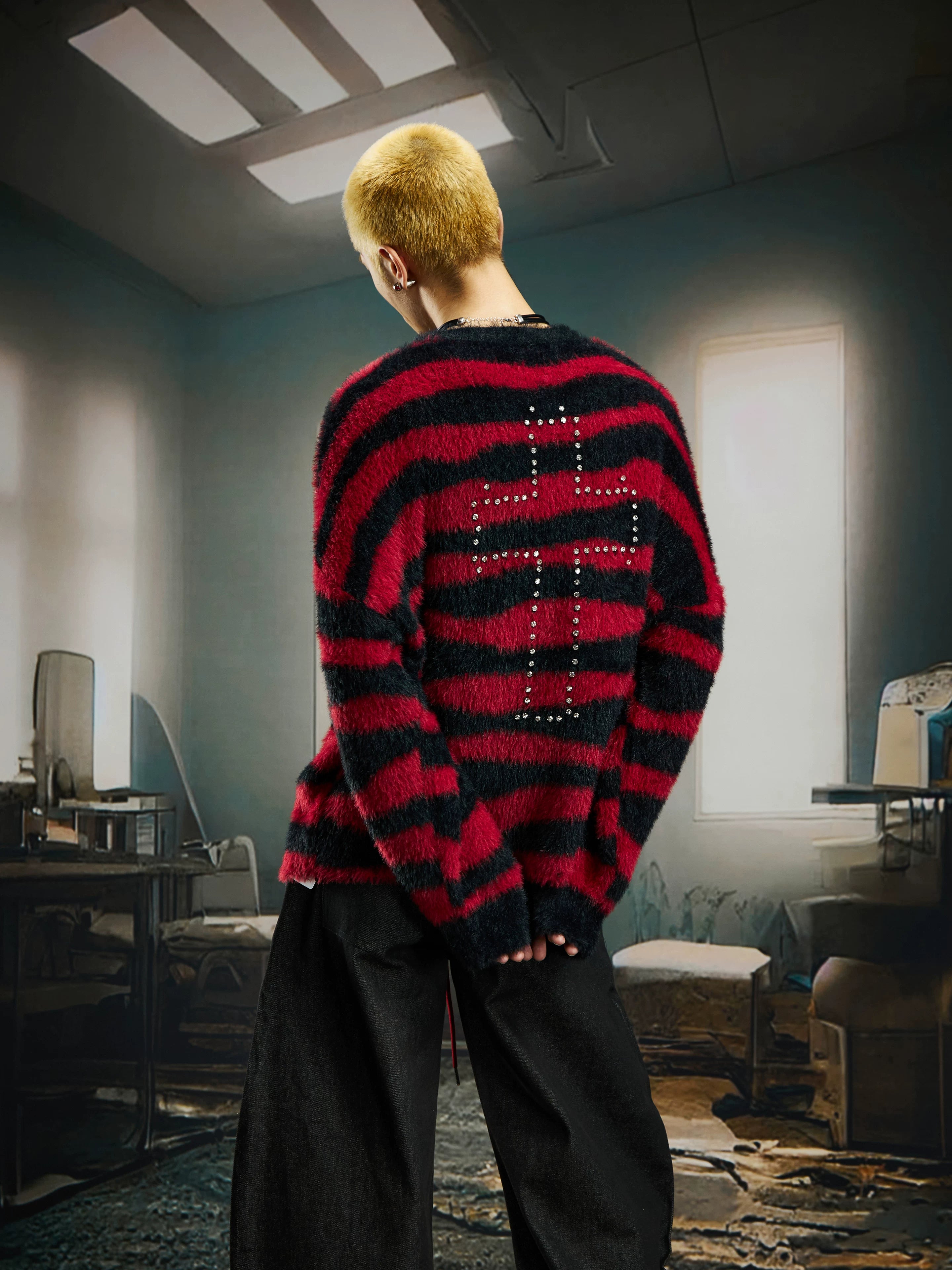 Crucifix Zephyr Striped Fuzz Sweater
