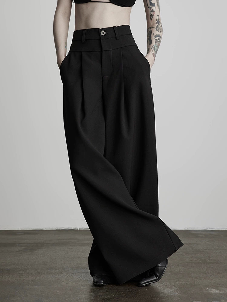 Black Pleated Wide-Leg Casual Pants