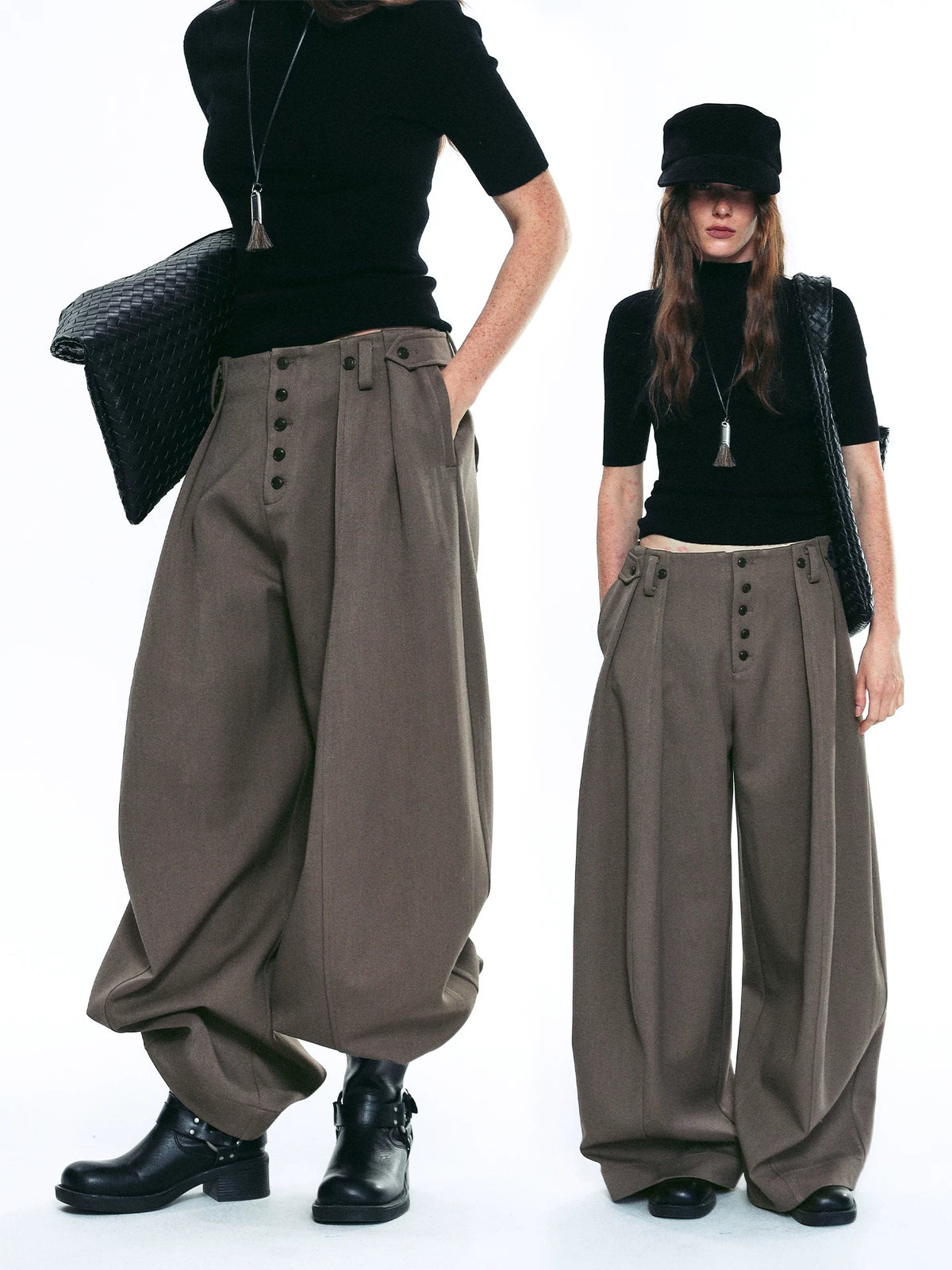 Exposed Button Pinstripe Wide Trousers