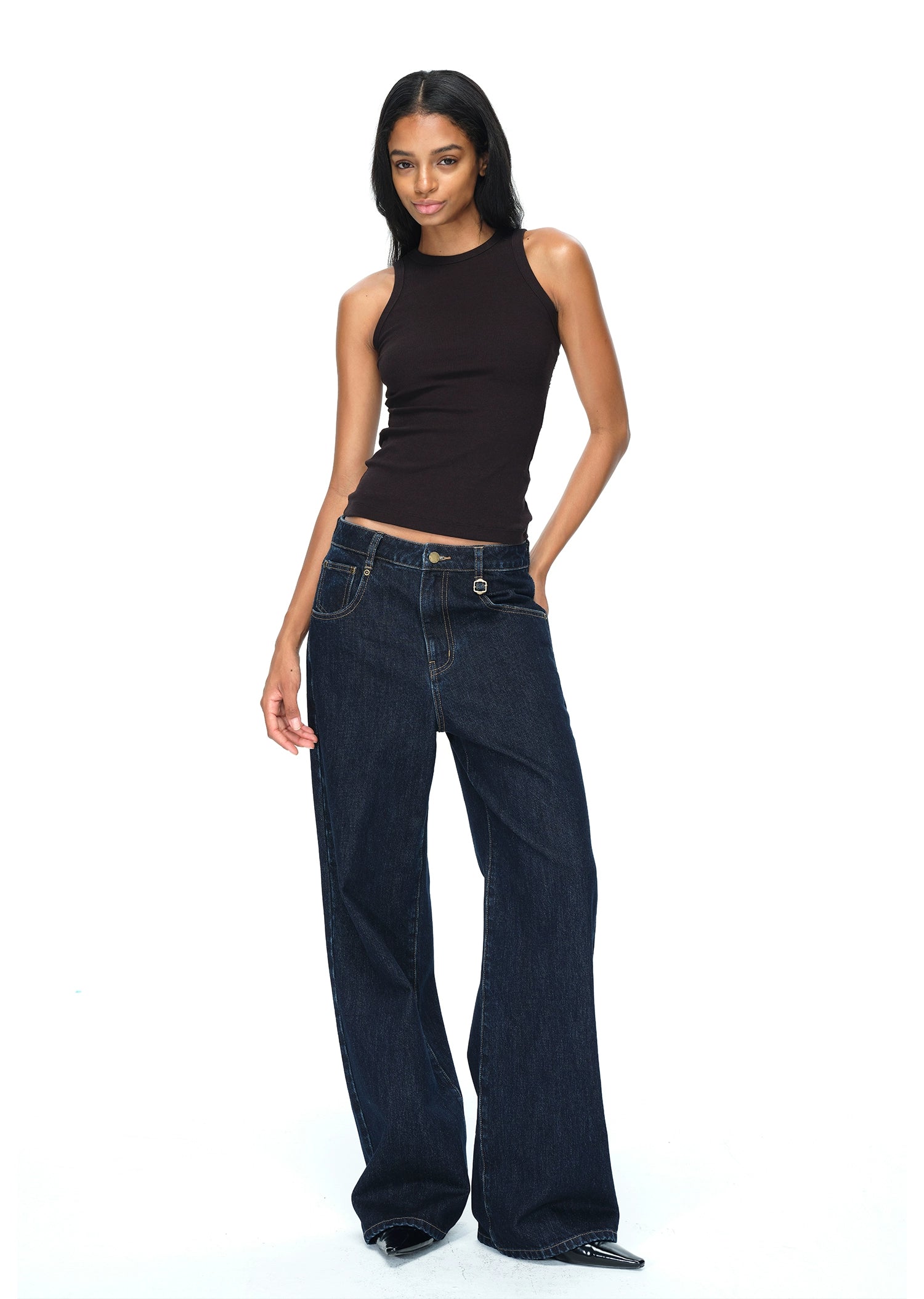 Dark Blue Raw Denim Wide-Leg Jeans