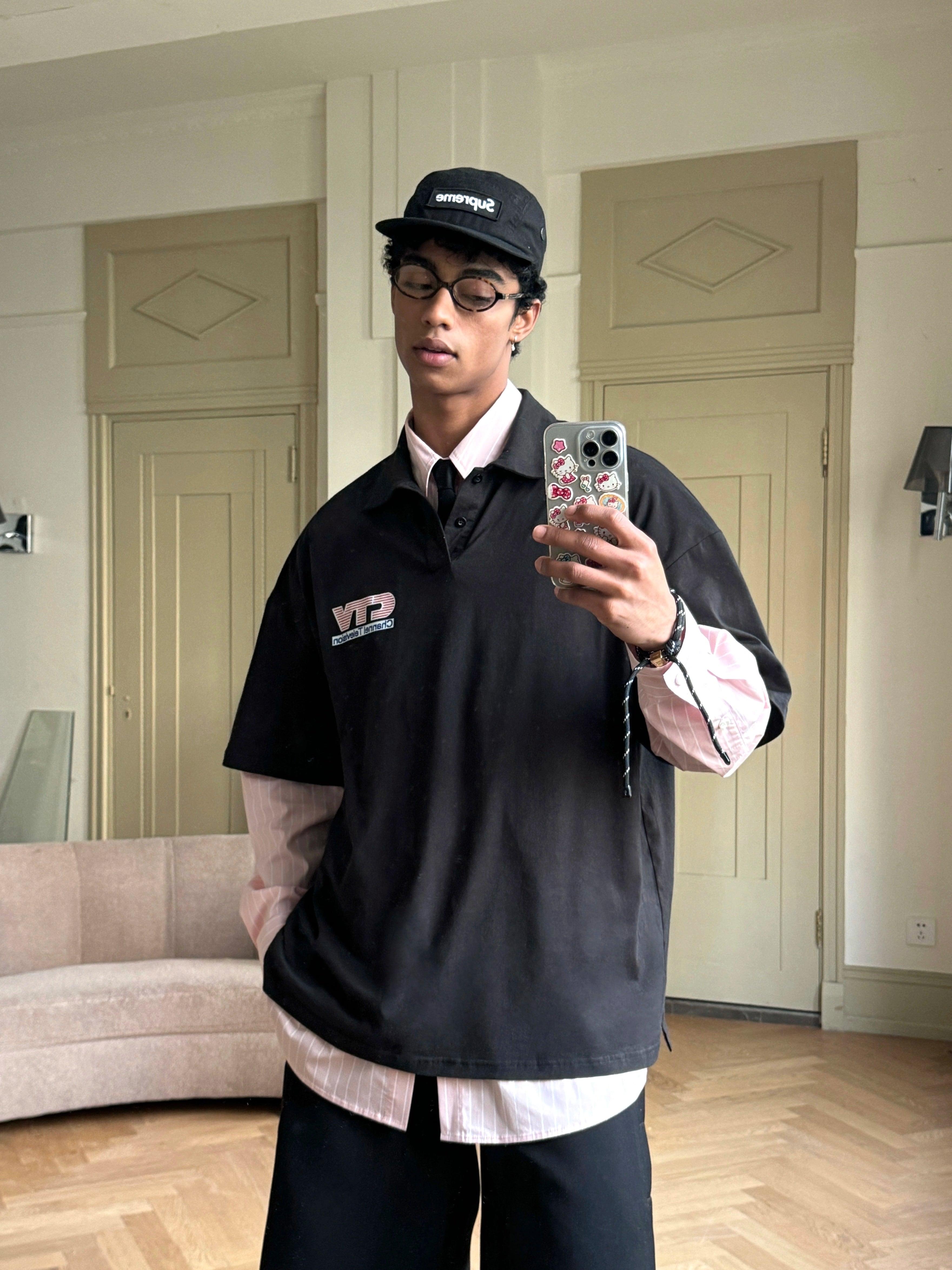 Weave Studio Layered Polo And Pinstripe Shirt Set - Black Ctv Logo Polo Over Pink Button-Down