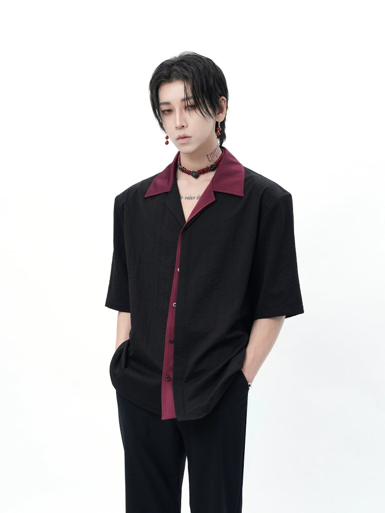 Black Short-Sleeve Button-Up Shirt with Burgundy Collar and Placket