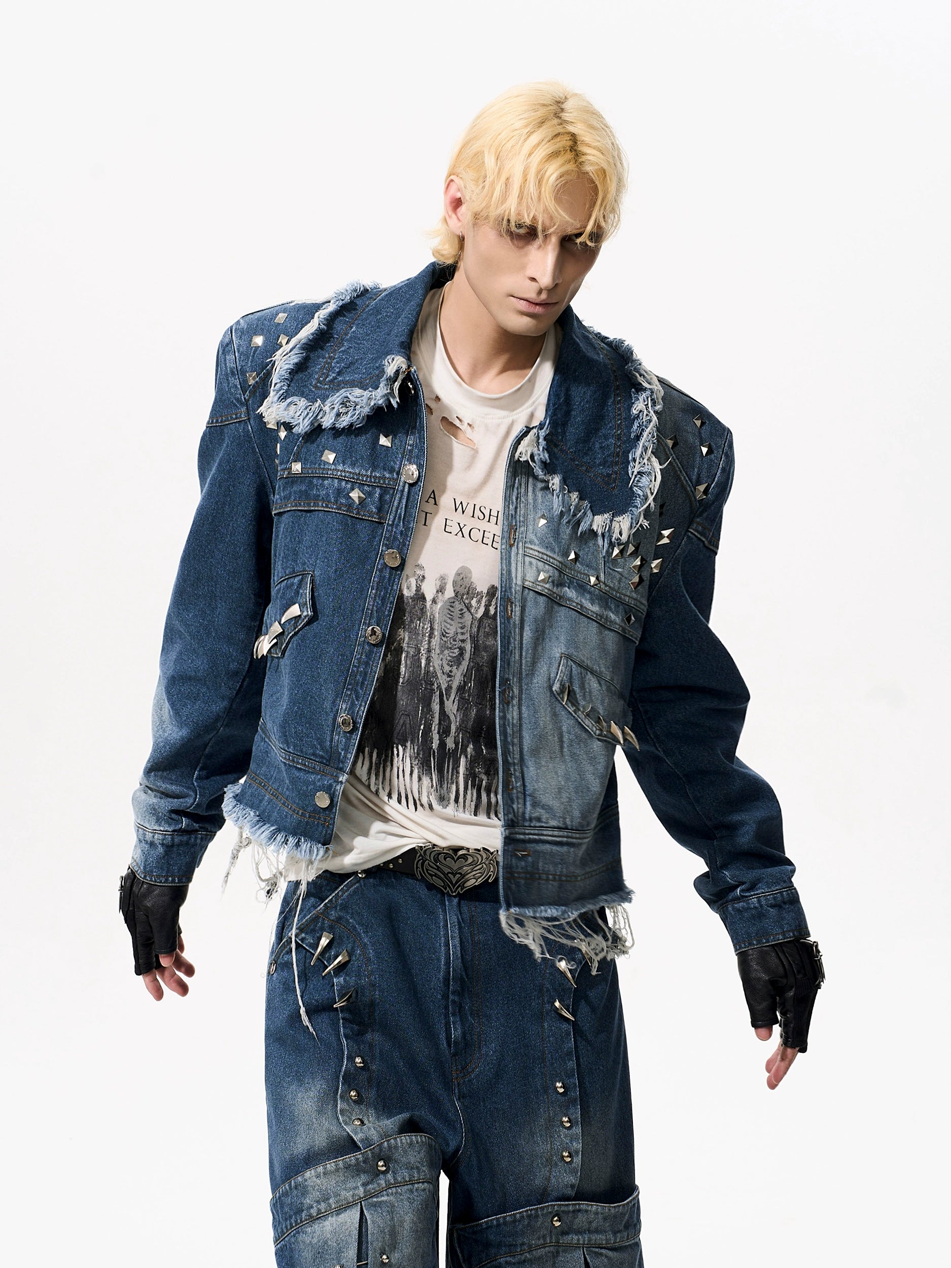 Studded Frayed Denim Jacket and Wide-Leg Jeans Setup