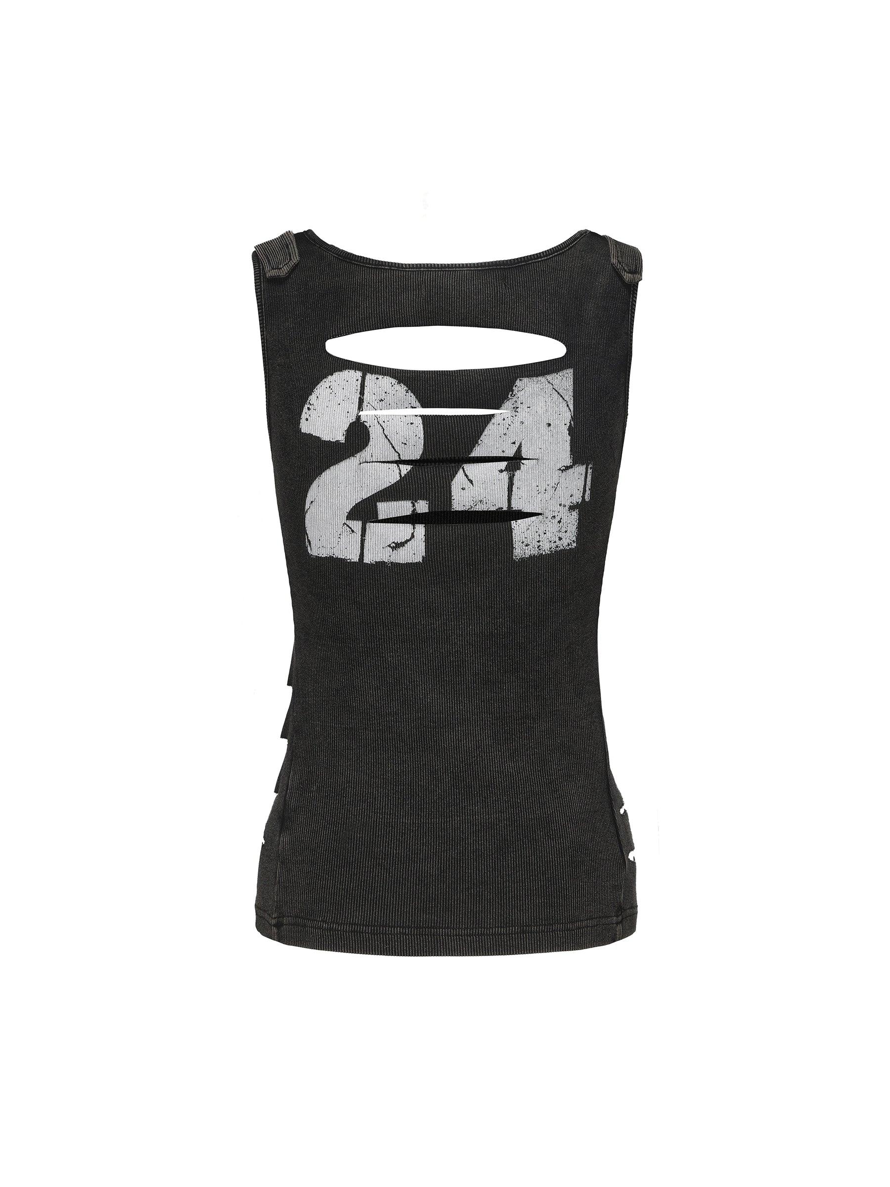 24Ans Distressed '24' Graphic Tank Top - Women'S Sleeveless Cut-Out Ribbed Jersey