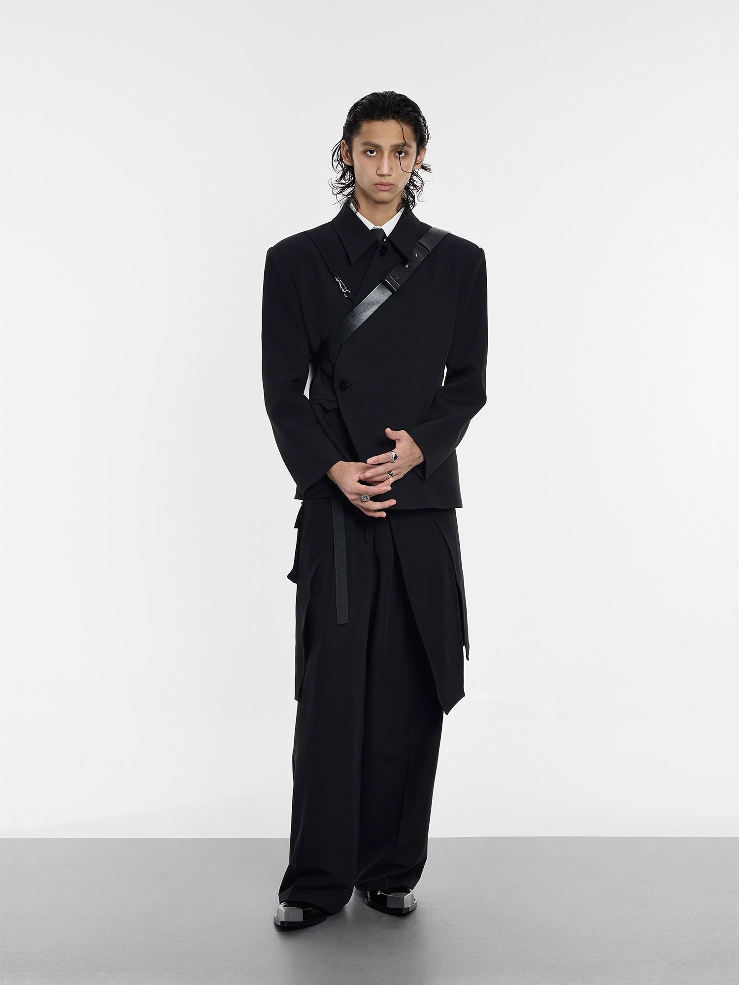 Asymmetrical Black Blazer with Safety Pin Detail