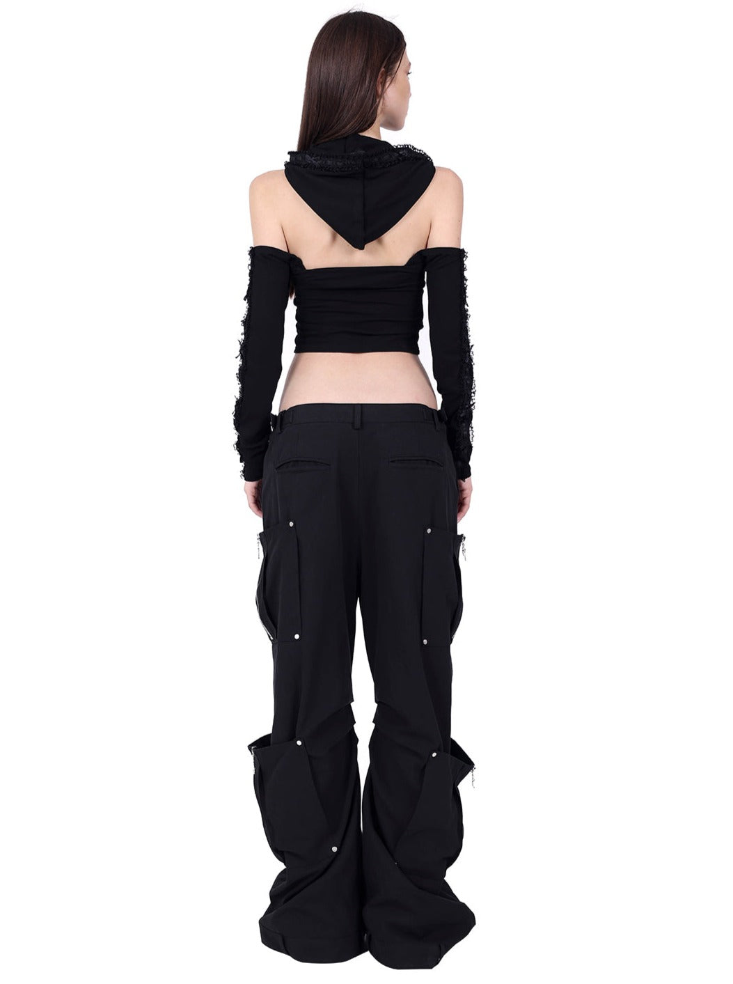 PINKSPINK Asymmetric Hooded Crop Top - Black