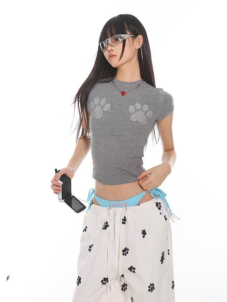 Cat Paw Print Fitted Short Sleeve Tee - chiclara