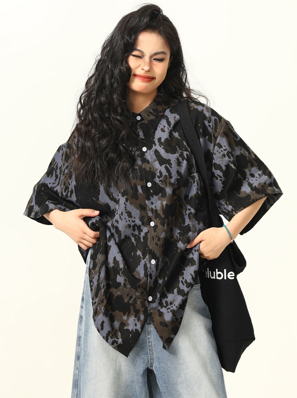 Oversized Tie-Dye Button-Up Shirt in Black and Grey