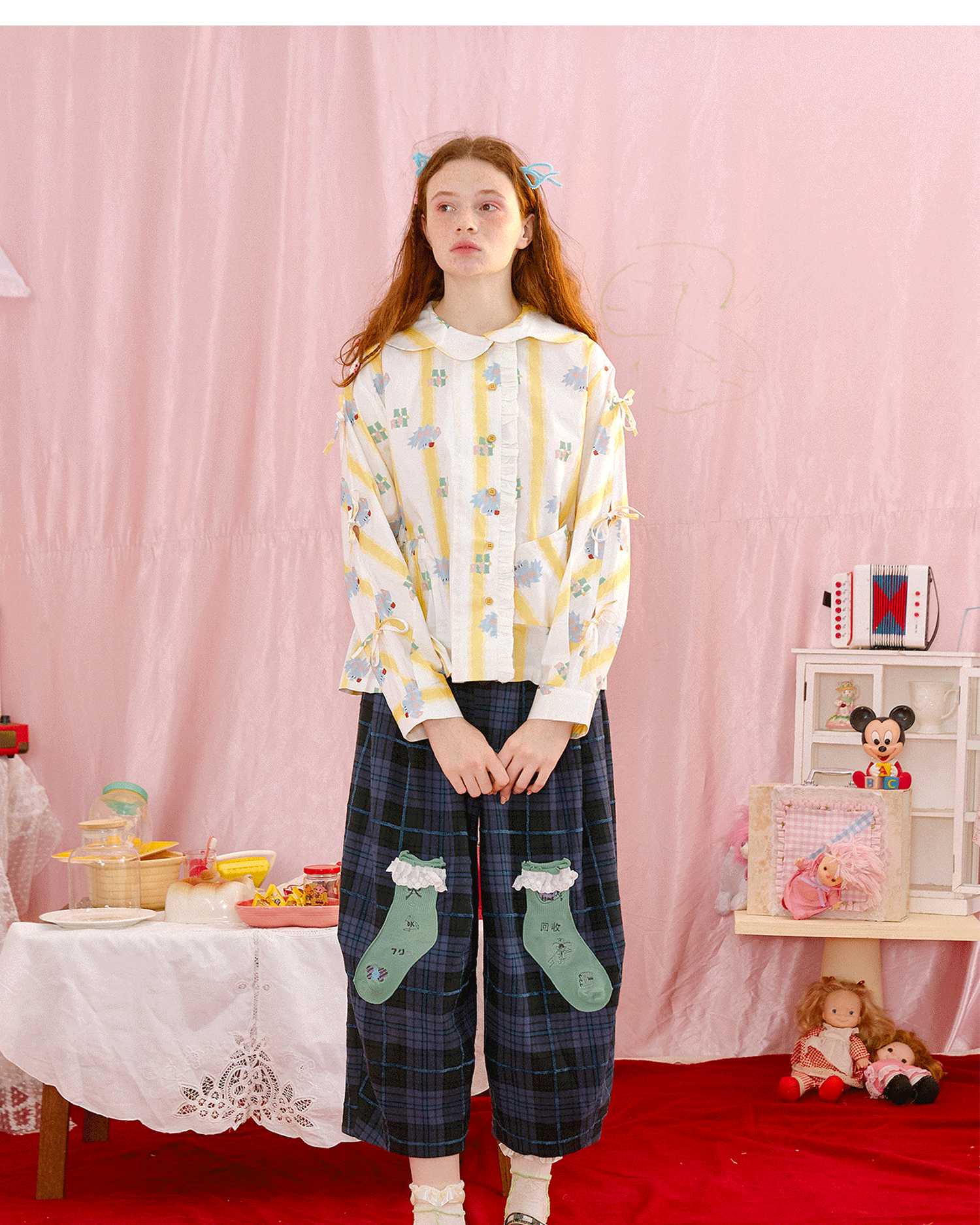 Yellow Stripe Bow Sleeve Button Blouse