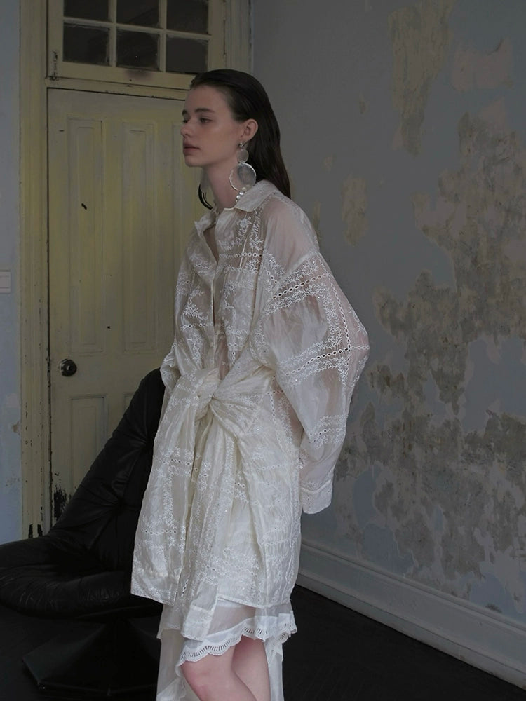 Sheer Lace Embroidered Shirt Dress
