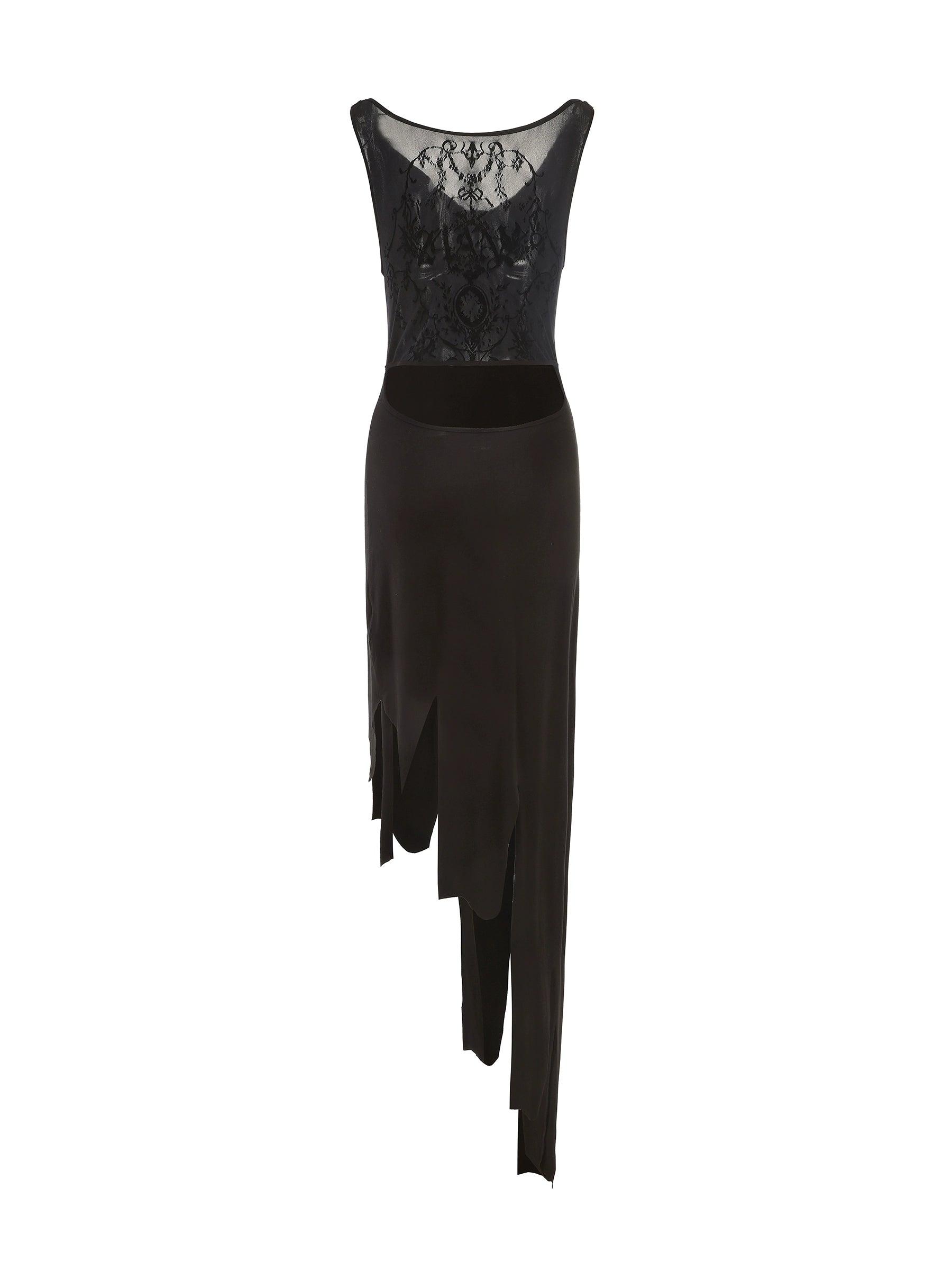 24Ans  Black Lace Bodice Asymmetric Maxi Dress - Women'S Sleeveless Evening Gown With Fringe Hem