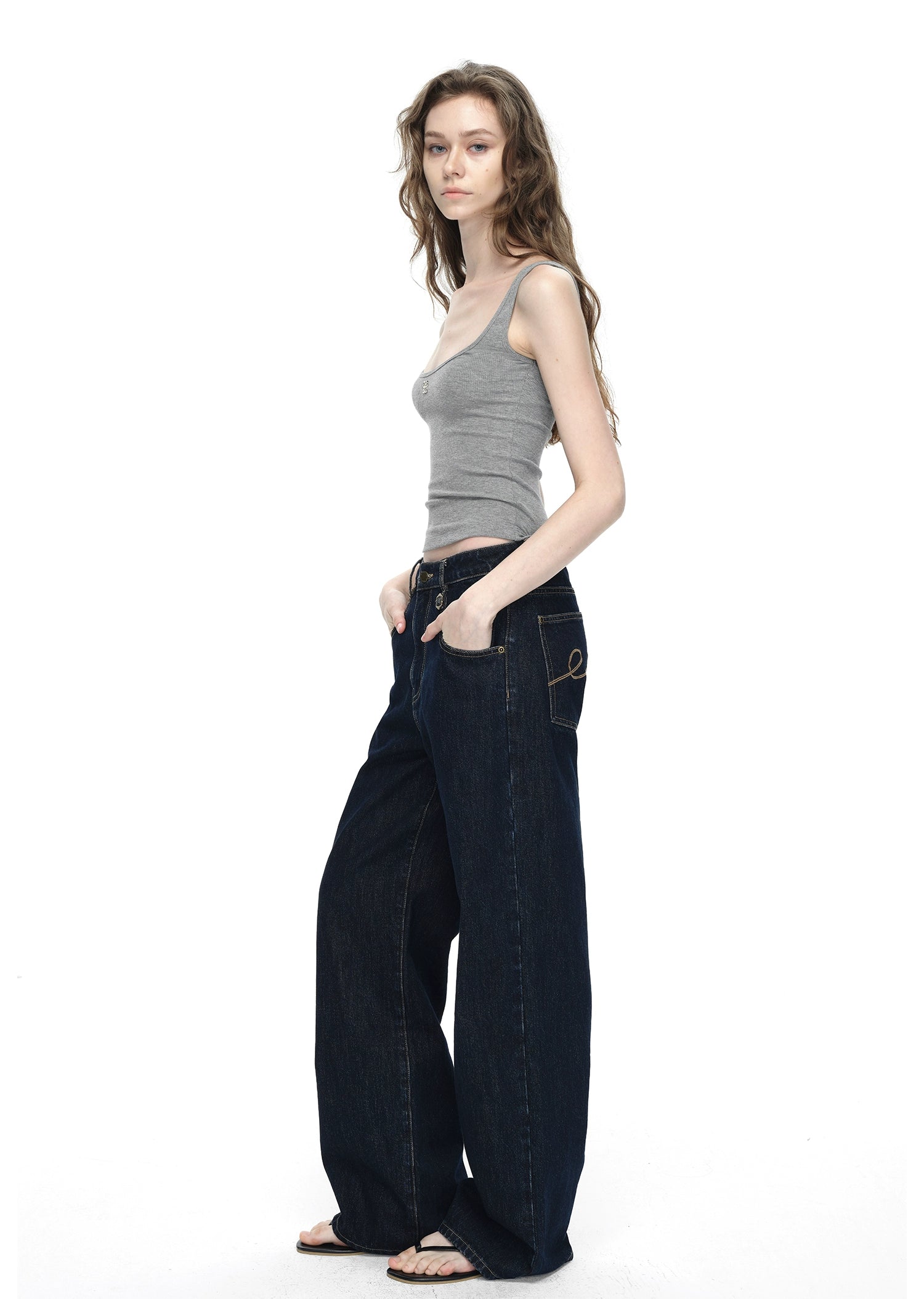 Dark Blue Raw Denim Wide-Leg Jeans