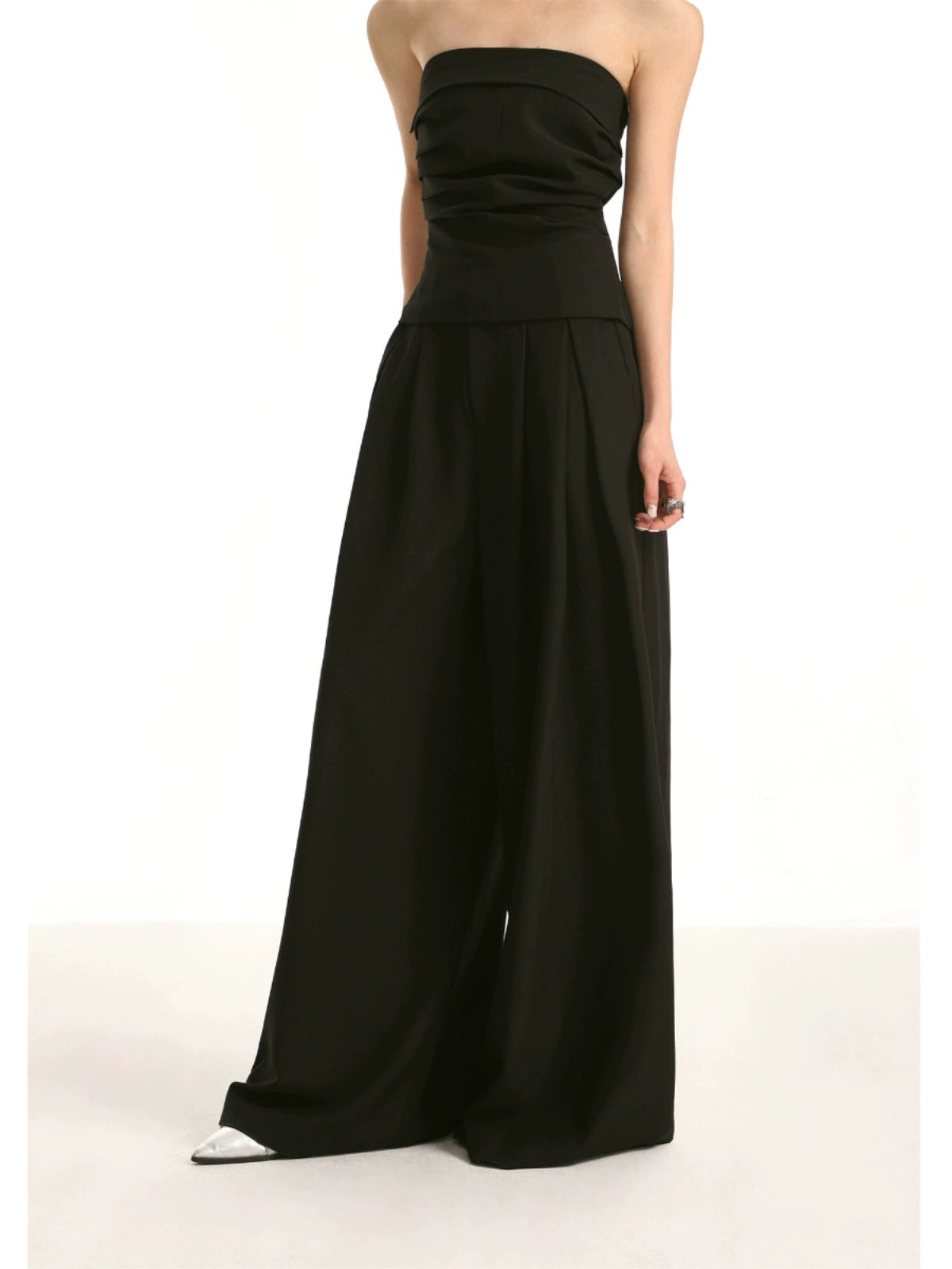 Black High-waisted Straight Cut Casual Wide-leg Pants Set