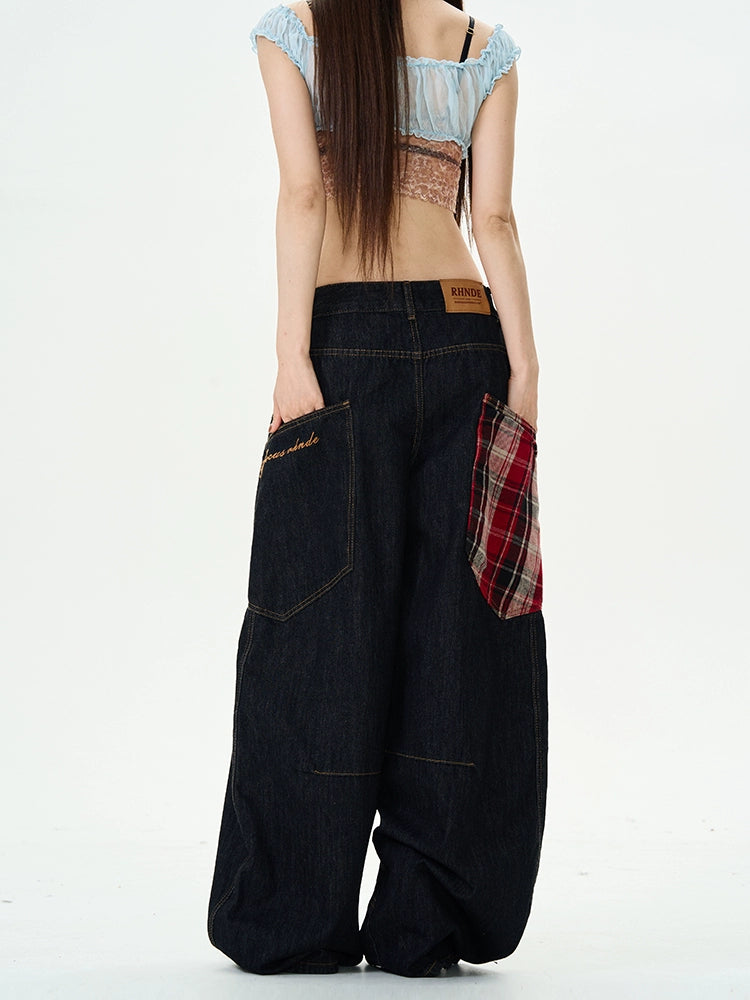 Plaid Patchwork Denim Cargo Pants