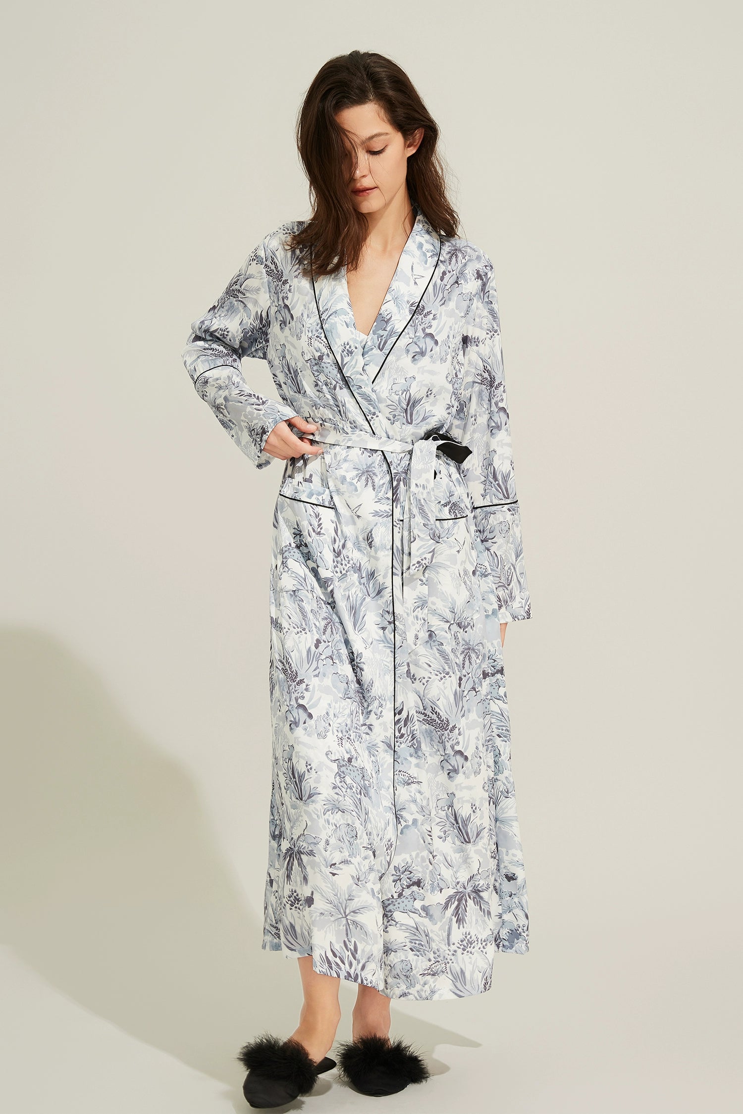 Silk Thin Long Robe With Tie Waist Sleepwear - chiclara