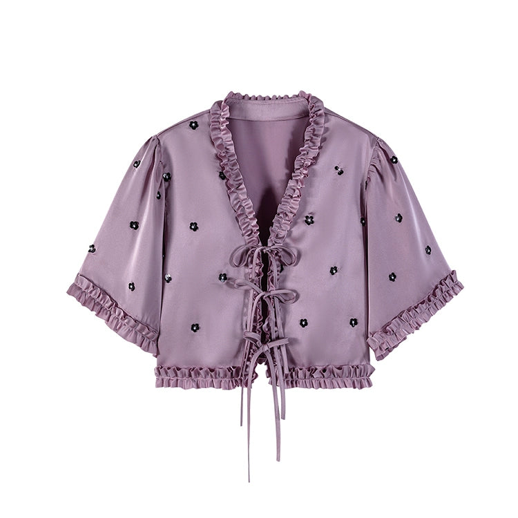 Lavender Ruffle Trim Floral Embroidered Blouse and Skirt Setup