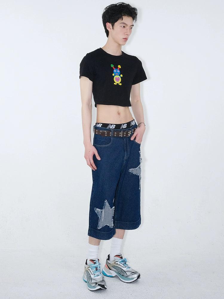 Dark Wash Denim Culottes With Star Appliqués