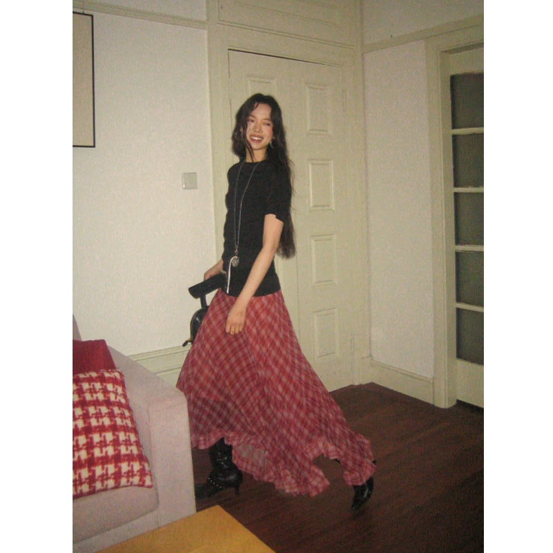 Plaid Chiffon Asymmetric Hem Skirt - red plaid variant image