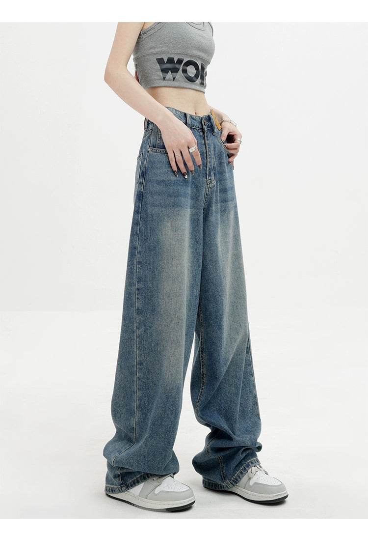 Blue Retro Loose Straight-Leg High-Waist Floor-Length Jeans - chiclara