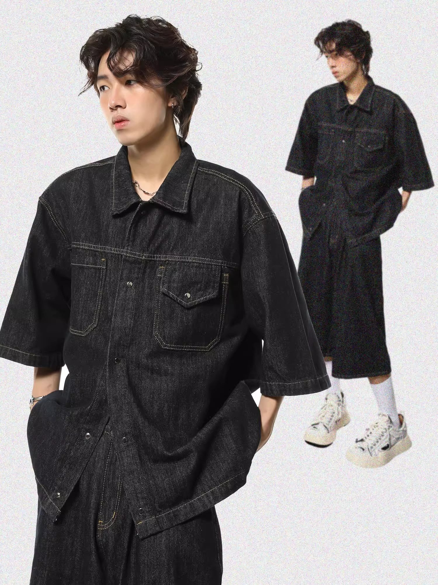 Washed Oversize Short Sleeve Denim Shirt & Half Denim Jeans Set