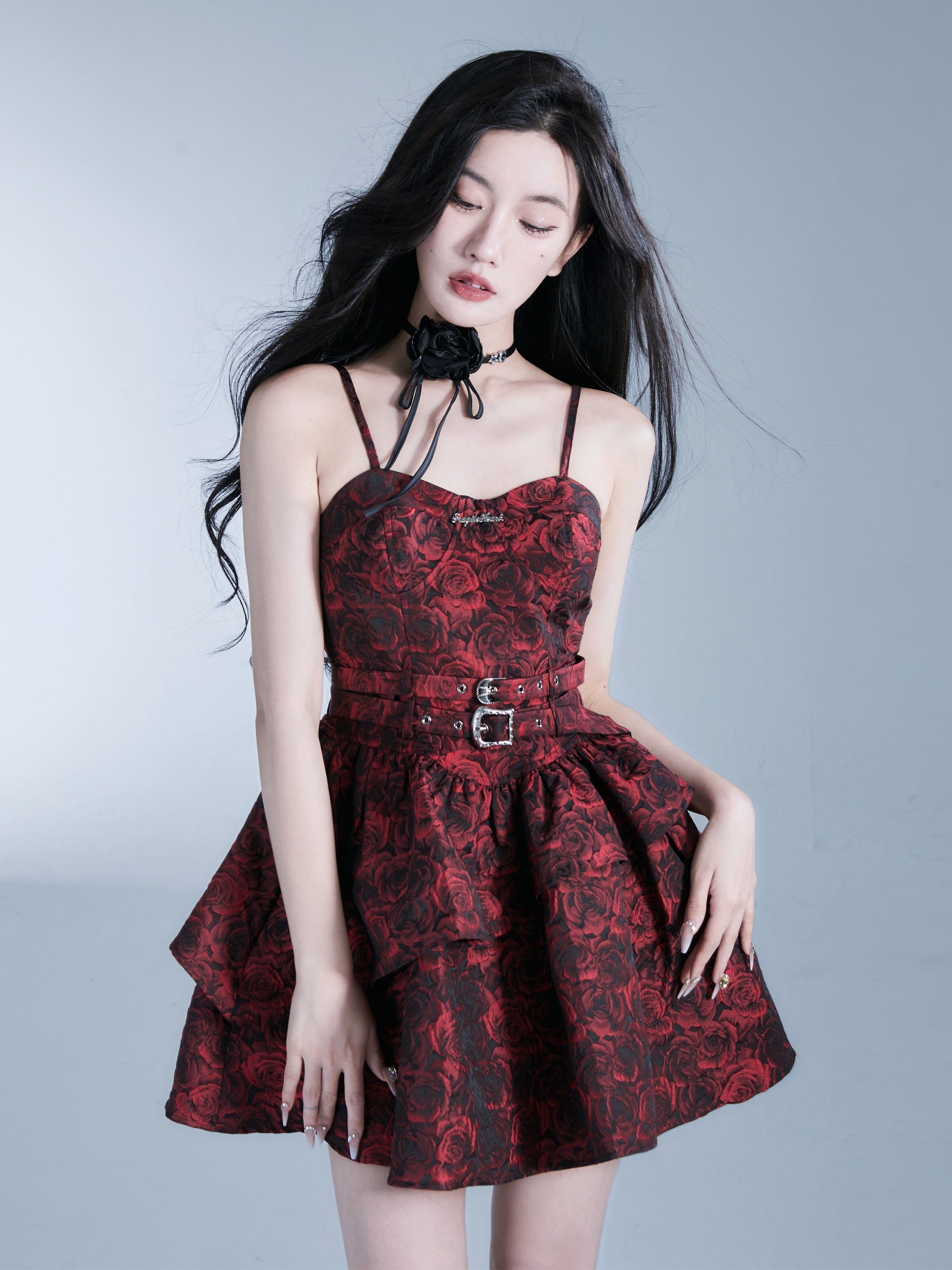 Gothic Floral Brocade Mini Dress - Burgundy Spaghetti Strap Belted Party Dress with Tiered Skirt