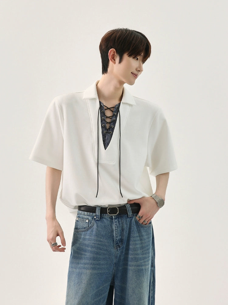 Charcoal Lace-Up Collar Polo Shirt