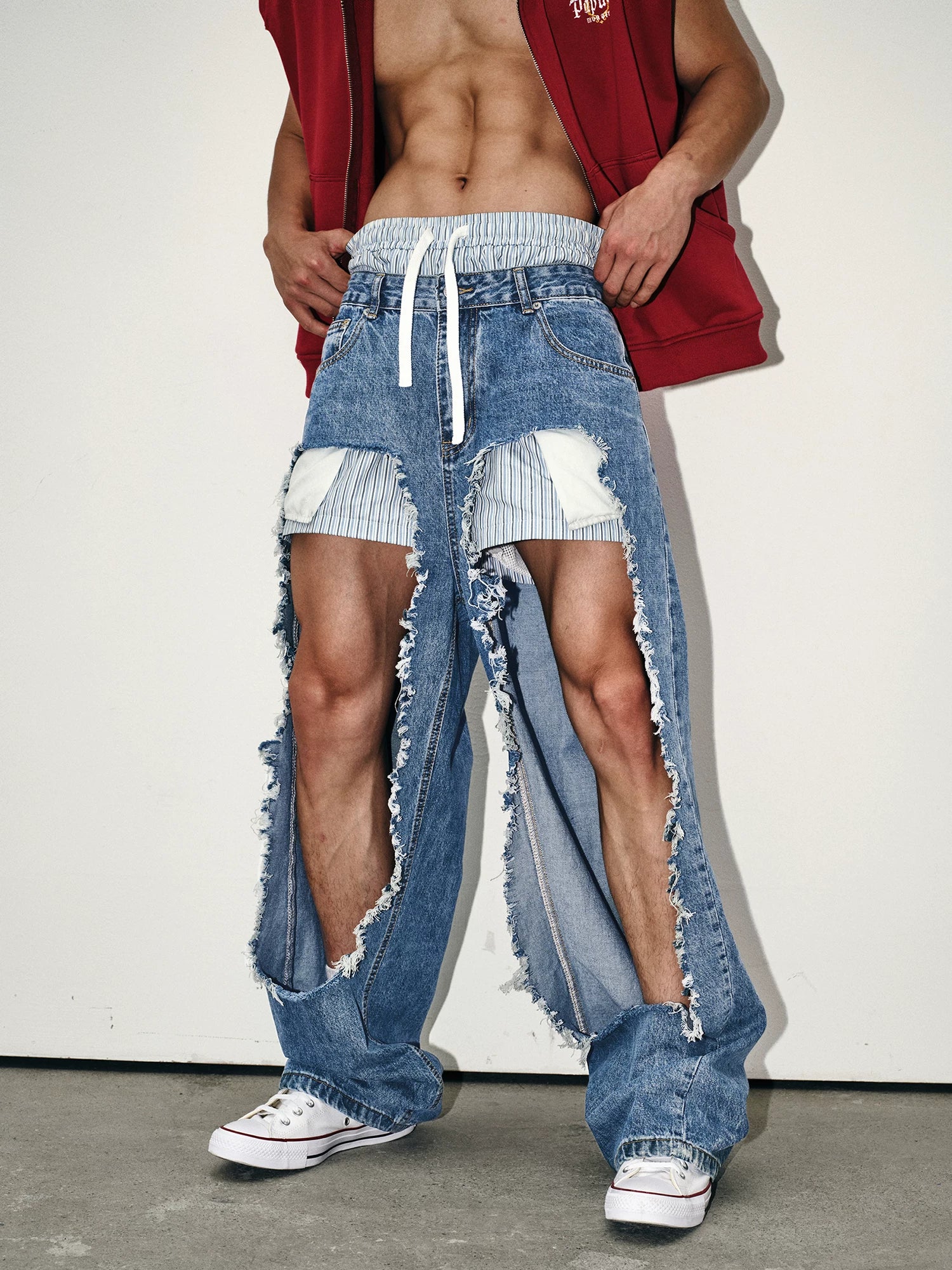 Extreme Cutout Layered Panel Denim Pants